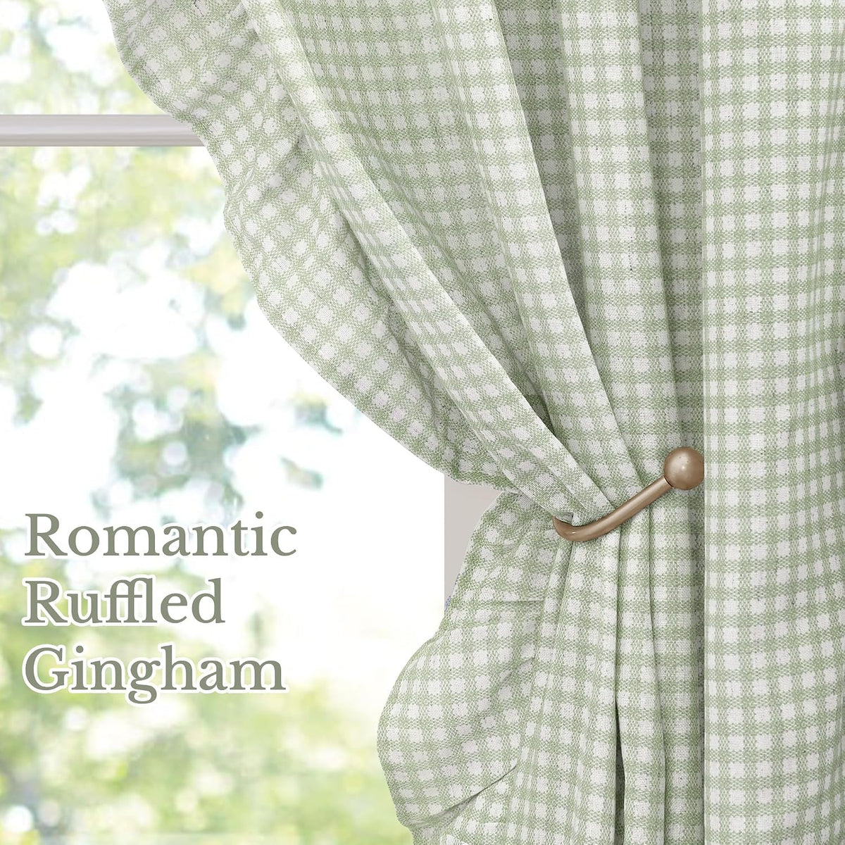 NICETOWN Sage Green Buffalo Plaid Ruffle Curtains 84 Inches Long for Bedroom, Privacy Linen Sheer Rococo Shabby Chic Window Gingham Drapes for Living Room, Rod Pocket, 40" W x 84" L, 2 Panels