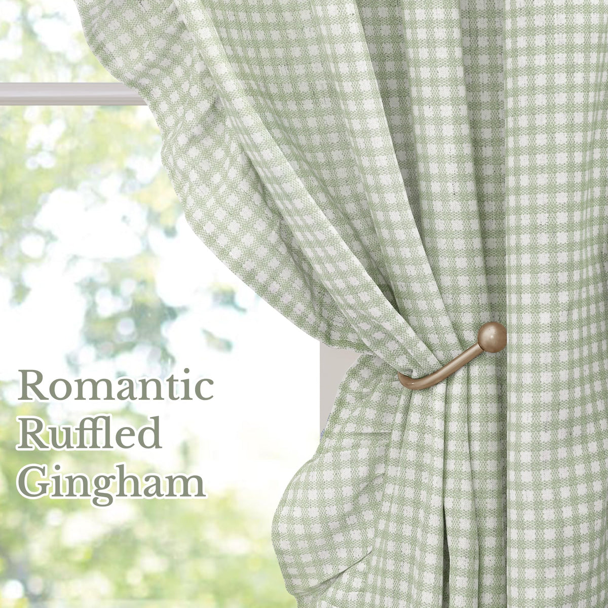 NICETOWN Sage Green Buffalo Plaid Ruffle Curtains 84 Inches Long for Bedroom, Privacy Linen Sheer Rococo Shabby Chic Window Gingham Drapes for Living Room, Rod Pocket, 40" W x 84" L, 2 Panels