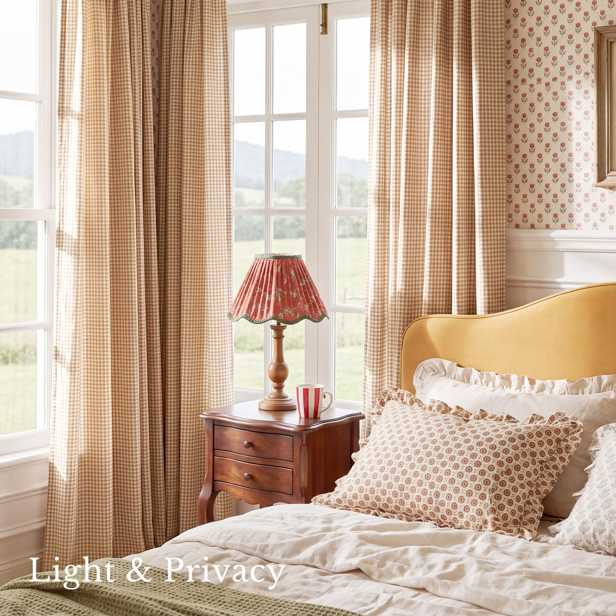 NICETOWN Creamy Yellow Buffalo Plaid Linen Rustic Curtains 84 Inches Long