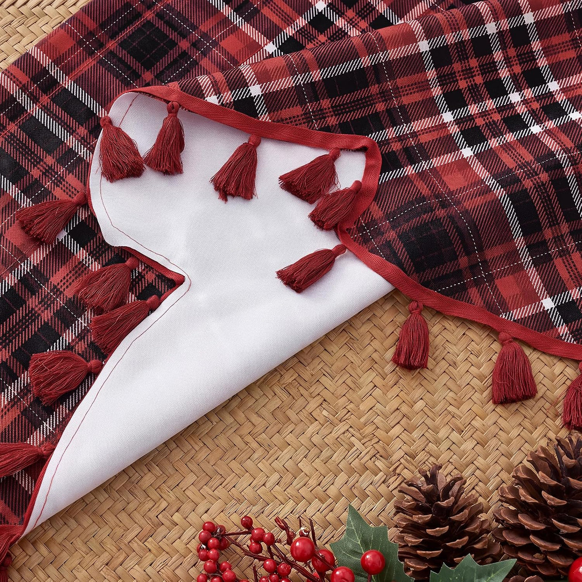 NICETOWN Red Christmas Tree Vintage Plaid Pom-Poms Valance, 42Wx36L, 1PC