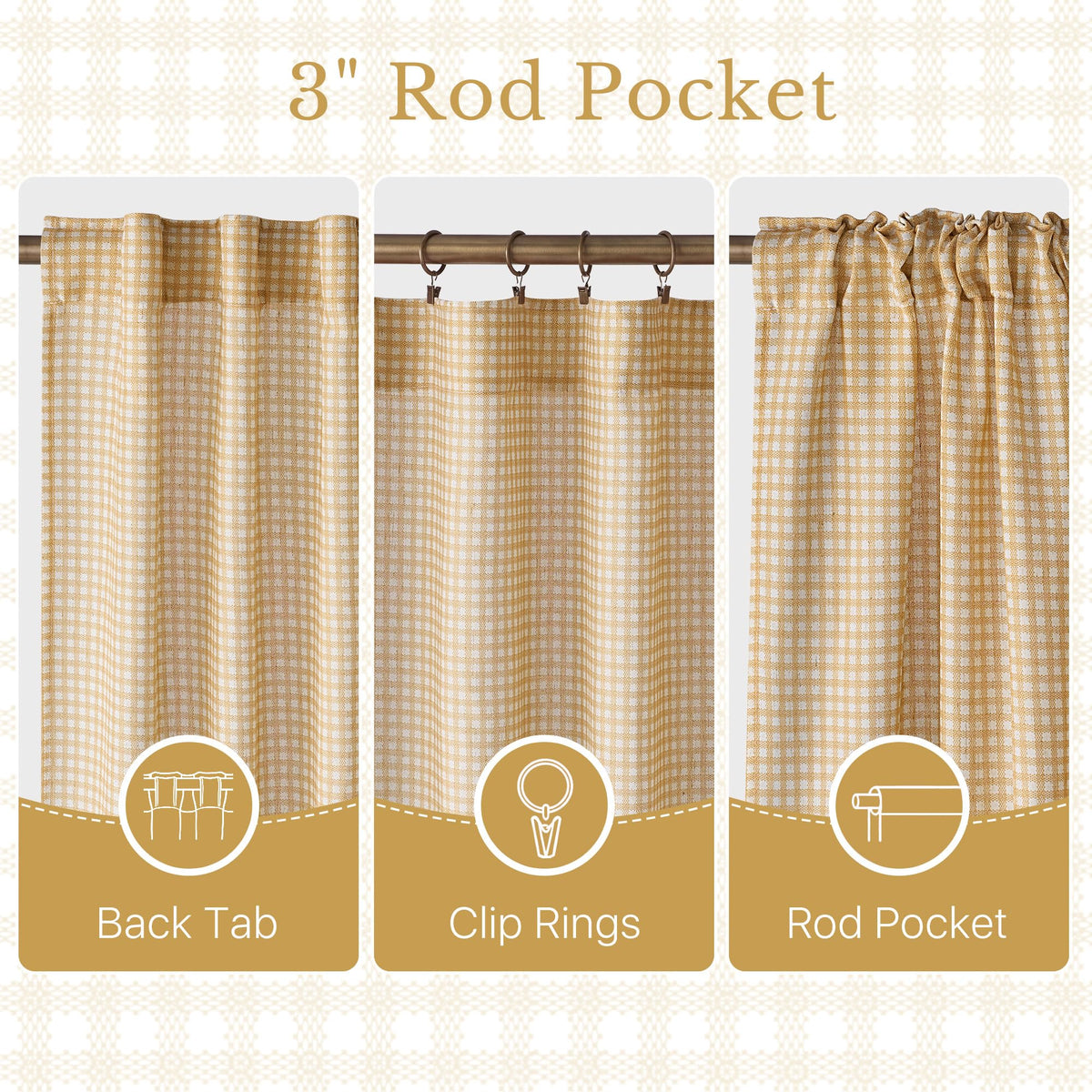 NICETOWN Creamy Yellow Buffalo Plaid Linen Rustic Curtains 84 Inches Long