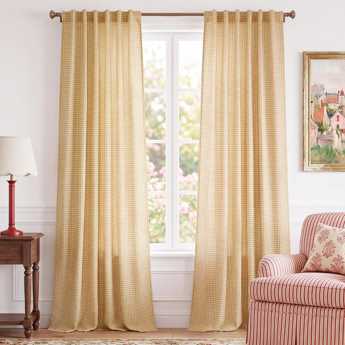 NICETOWN Creamy Yellow Buffalo Plaid Linen Rustic Curtains 84 Inches Long