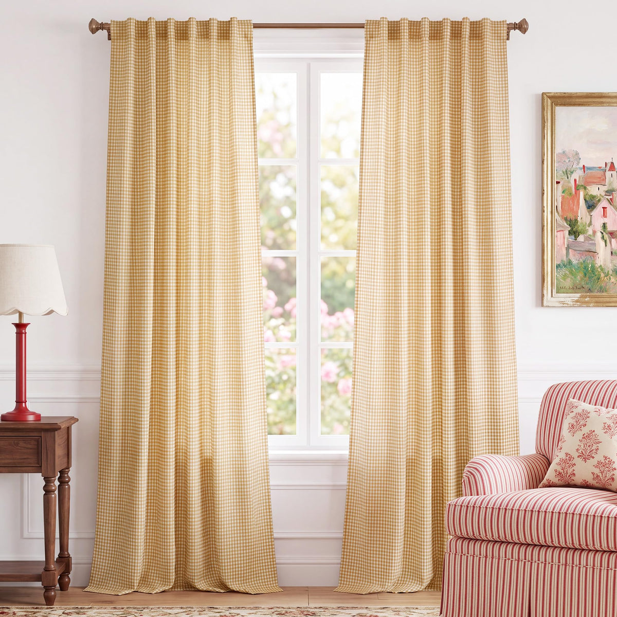 NICETOWN Creamy Yellow Buffalo Plaid Linen Rustic Curtains 84 Inches Long