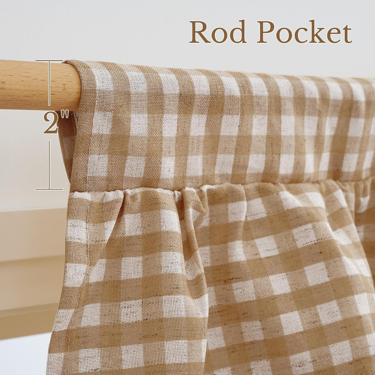 NICETOWN Taupe Linen Ruffle Gingham Plaid Valances for Windows, 1 Panel