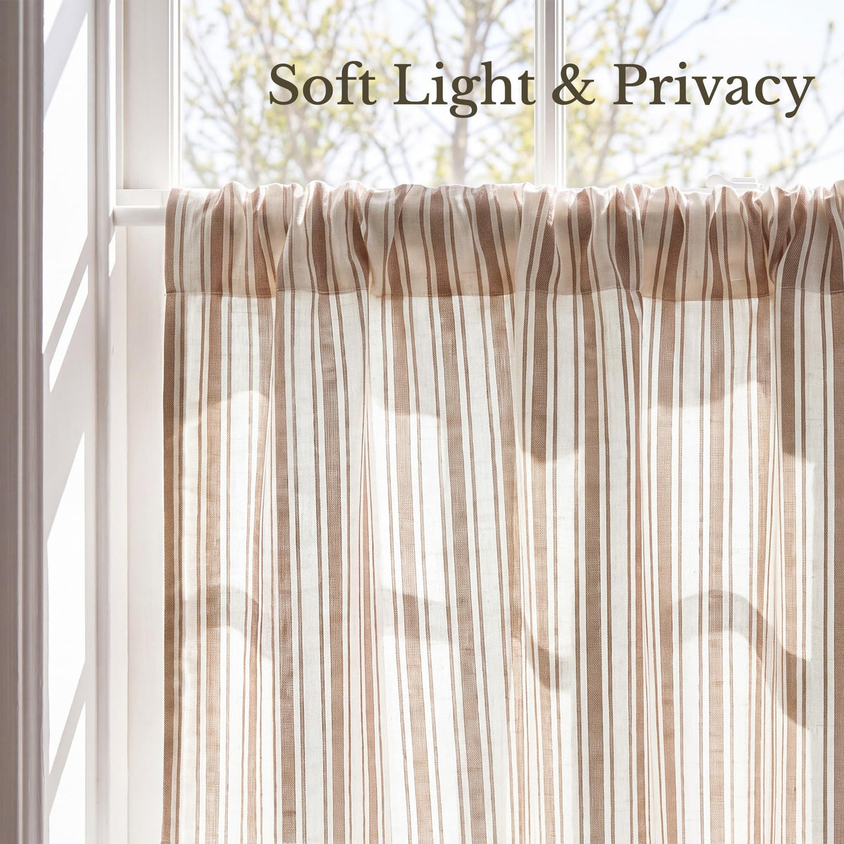 NICETOWN Beige Linen Striped Cafe Curtains 24 inches Long for Window