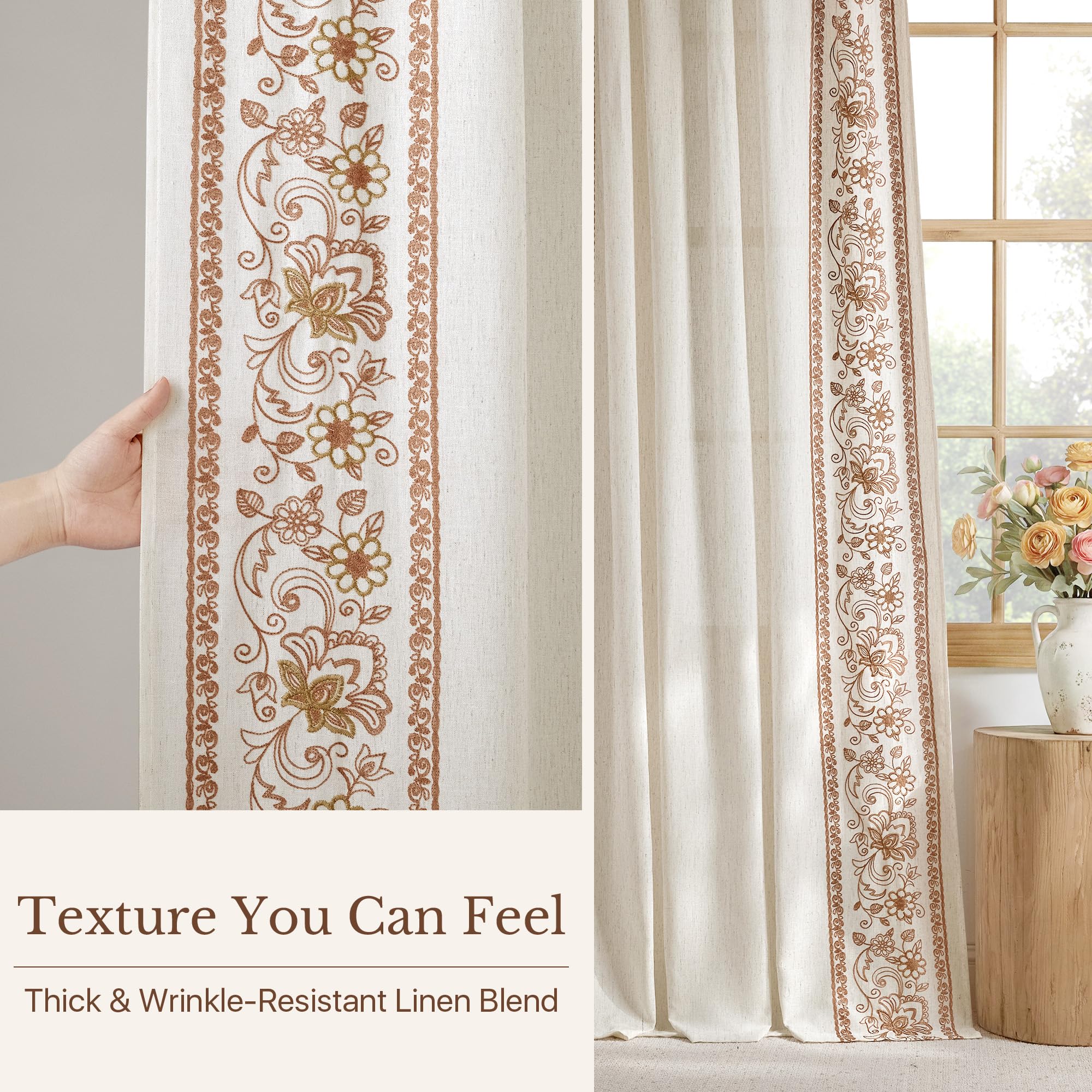 Floral Embroidered Linen Ready Made Curtains - Pair