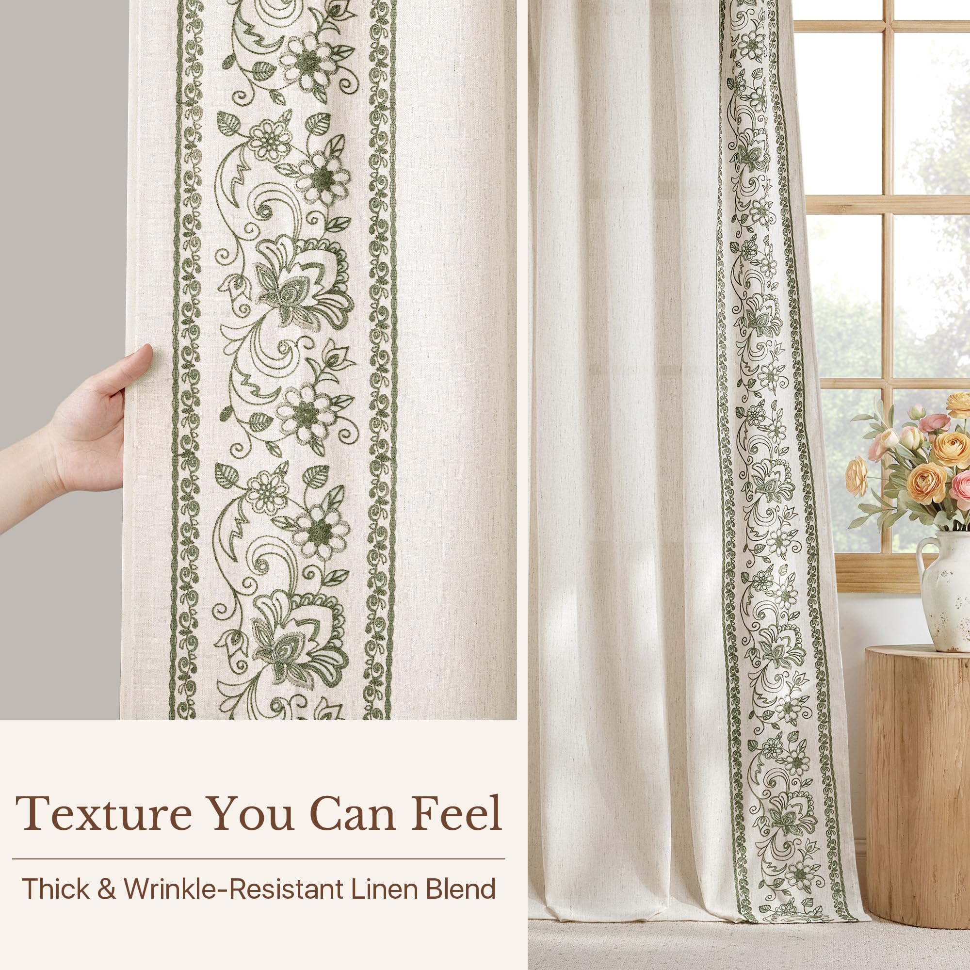 Floral Embroidered Linen Ready Made Curtains - Pair