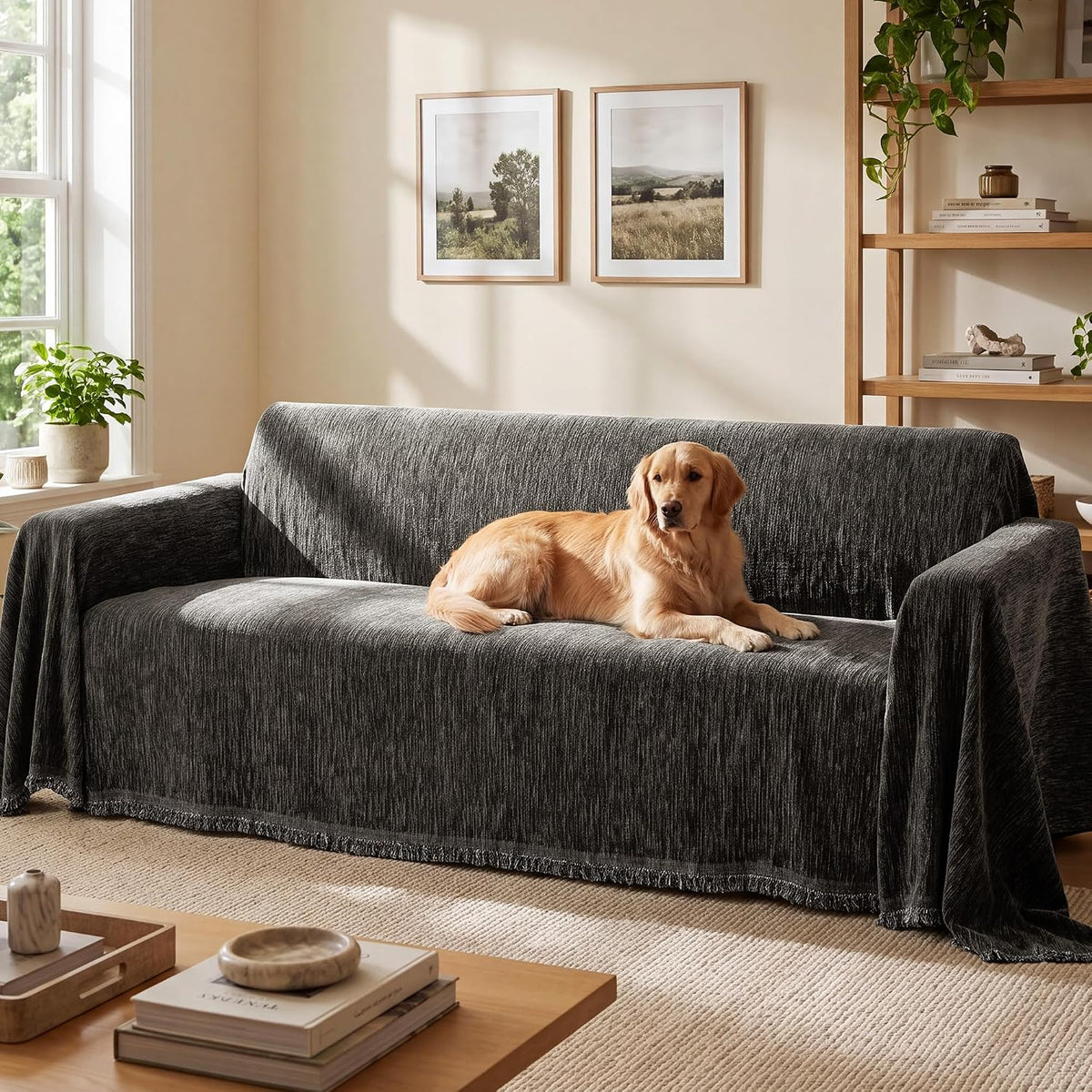 NICETOWN Two-Tone Chenille Loveseat Couch Covers, 71"x91", Charcoal Grey