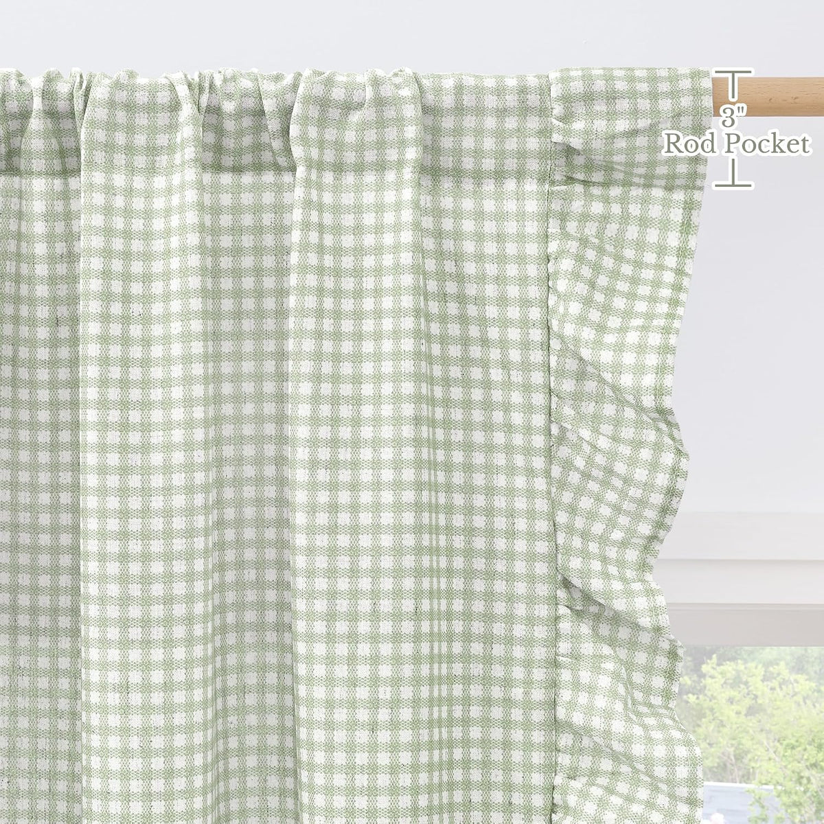 NICETOWN Sage Green Buffalo Plaid Ruffle Curtains 84 Inches Long for Bedroom, Privacy Linen Sheer Rococo Shabby Chic Window Gingham Drapes for Living Room, Rod Pocket, 40" W x 84" L, 2 Panels