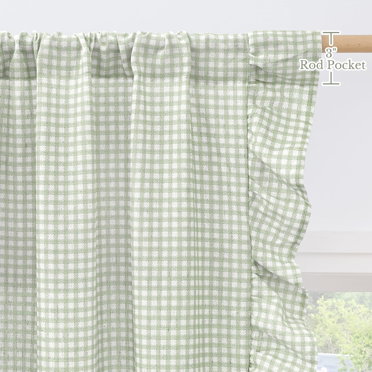 NICETOWN Sage Green Buffalo Plaid Ruffle Curtains 84 Inches Long for Bedroom, Privacy Linen Sheer Rococo Shabby Chic Window Gingham Drapes for Living Room, Rod Pocket, 40" W x 84" L, 2 Panels