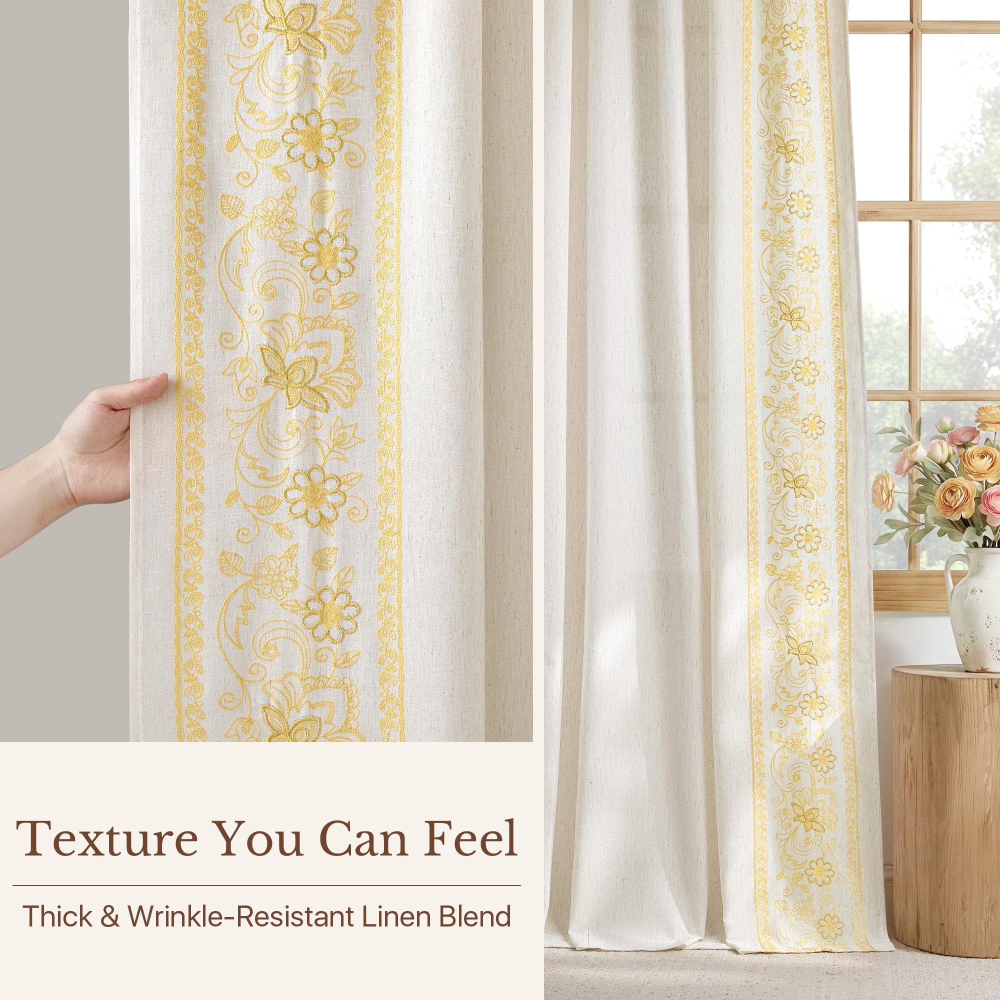 Floral Embroidered Linen Ready Made Curtains - Pair