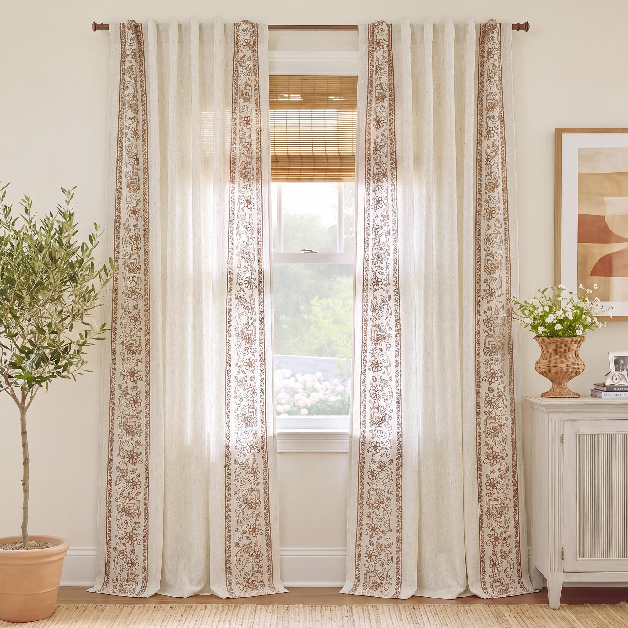 Floral Embroidered Linen Ready Made Curtains - Pair