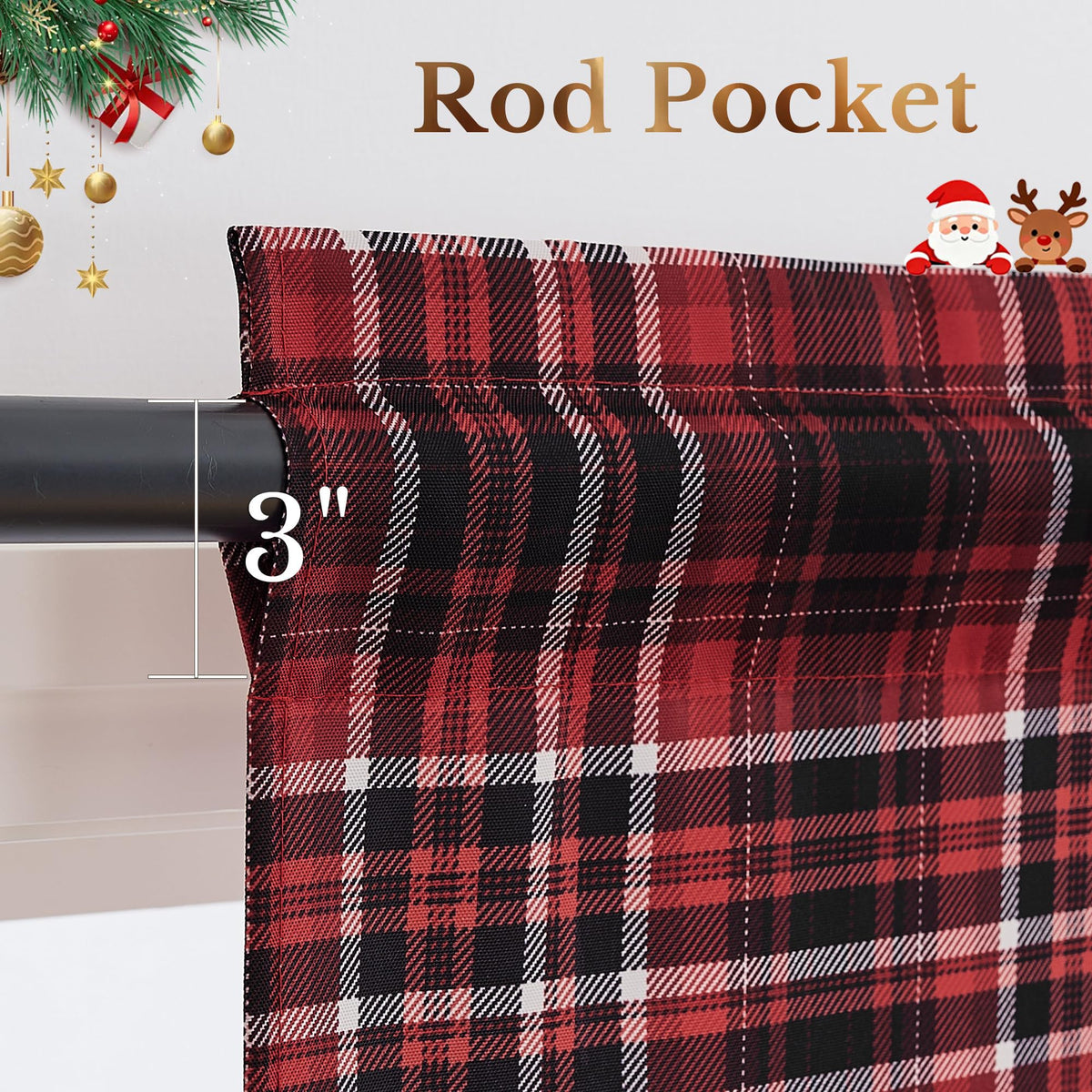 NICETOWN Red Christmas Tree Vintage Plaid Pom-Poms Valance, 42Wx36L, 1PC