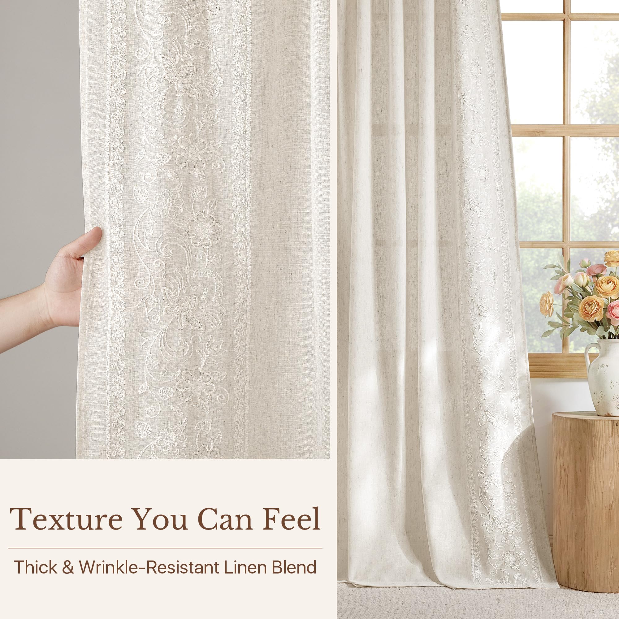 Floral Embroidered Linen Ready Made Curtains - Pair