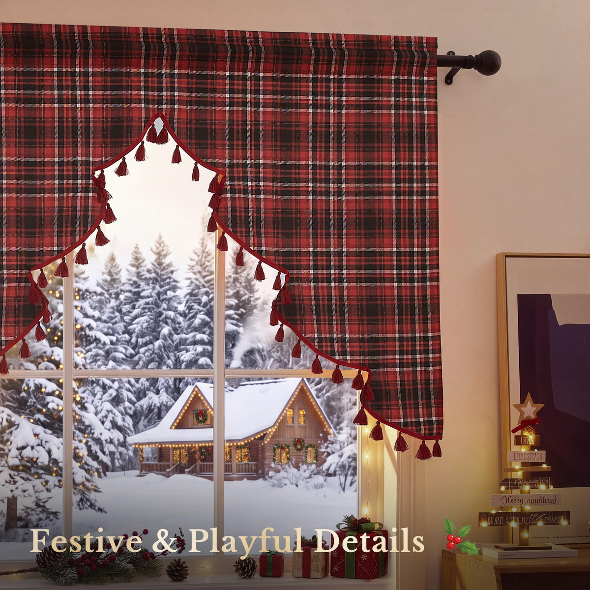 NICETOWN Red Christmas Tree Vintage Plaid Pom-Poms Valance, 42Wx36L, 1PC
