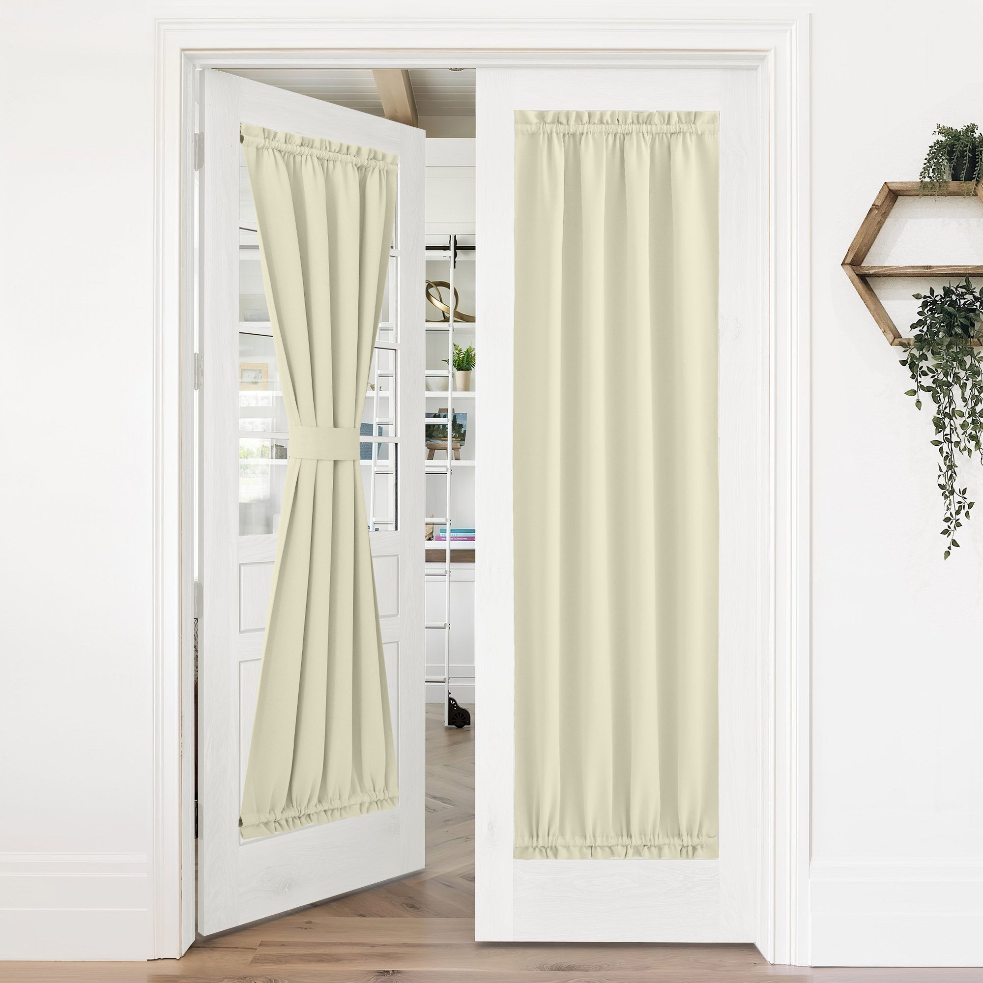 Beige 50% blackout privacy door curtains on glass double doors. One is tied back, the other fully covers the panel.