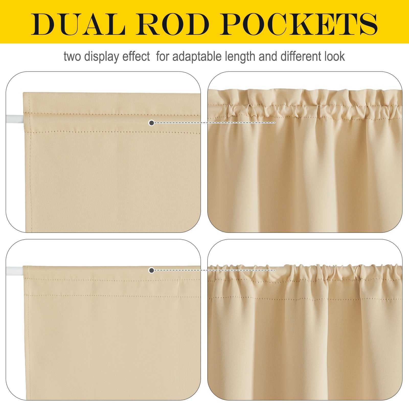 Close-up of beige blackout privacy door curtain showing dual rod pockets for two hanging styles and adaptable length.