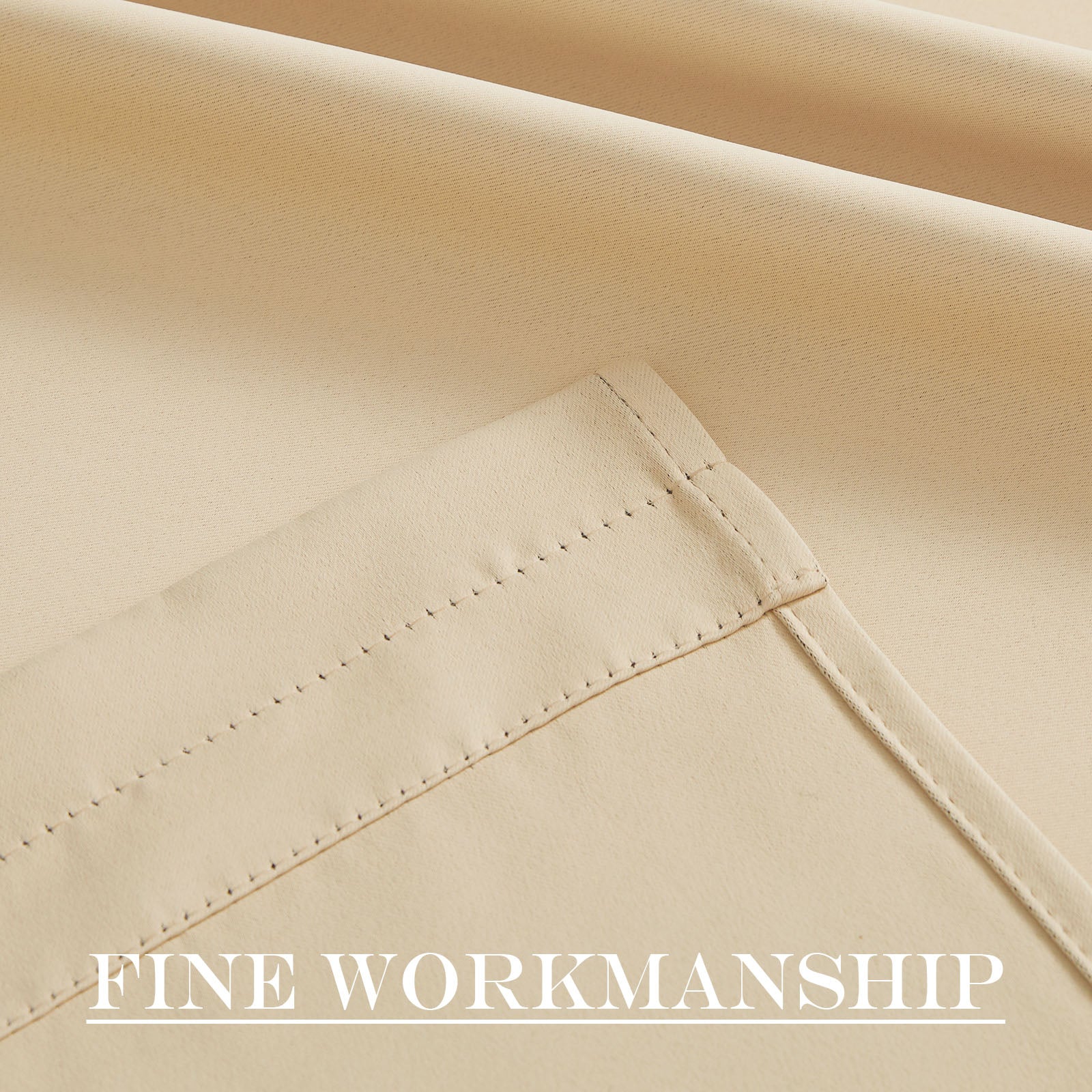 Close-up of beige 50% blackout privacy door curtain fabric, showing its fine texture, neat stitching, and precisely finished hem.
