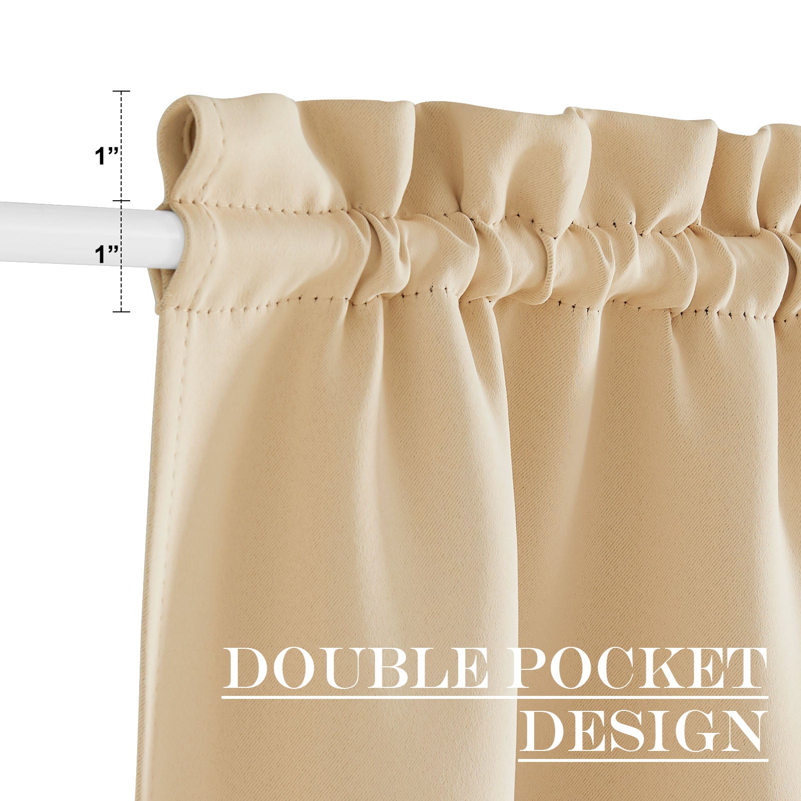 Close-up of a beige privacy door curtain, highlighting the double pocket rod design with two 1-inch pockets.