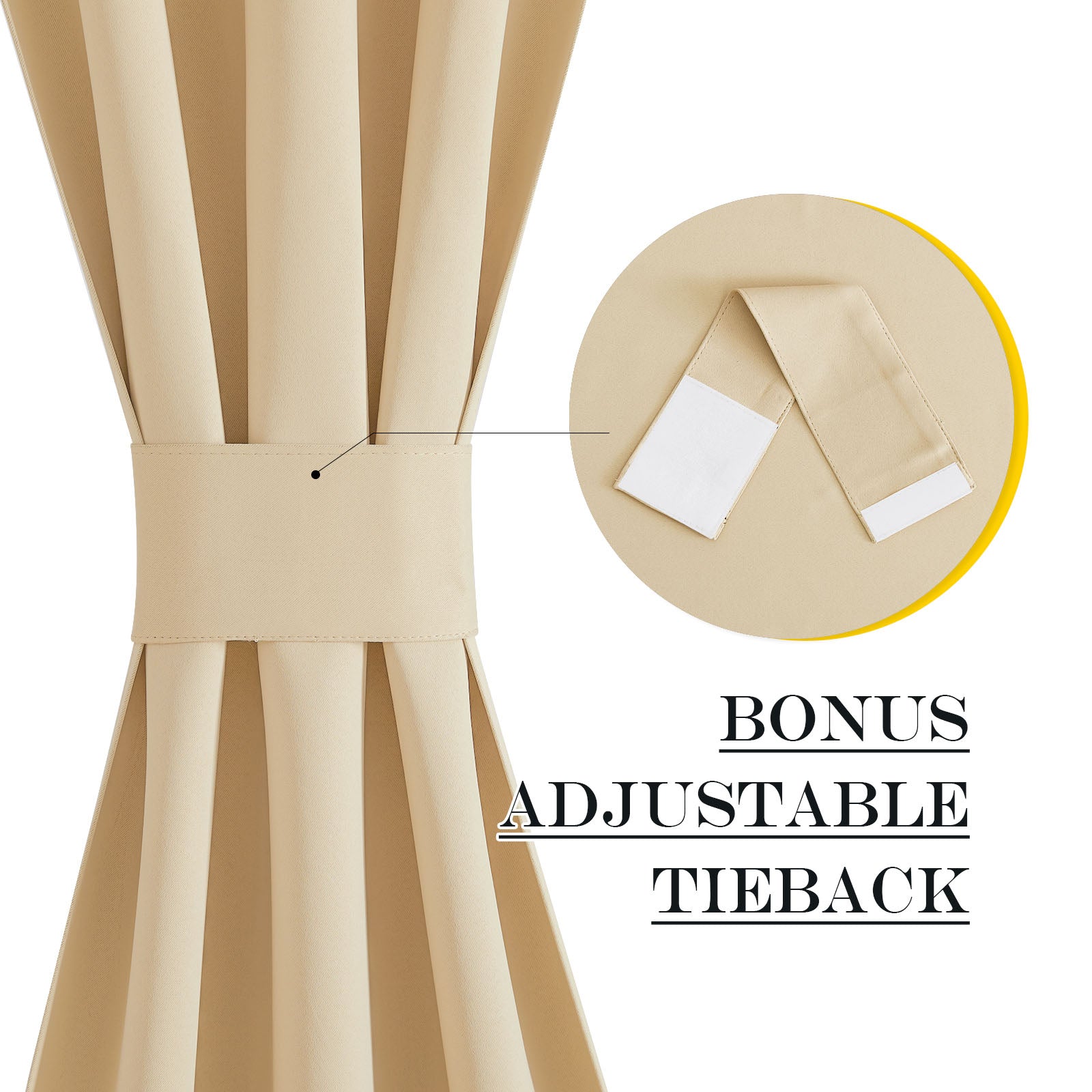 Close-up of a beige 50% blackout privacy door curtain gathered by an adjustable tieback, with an inset showing its hook-and-loop fasteners.