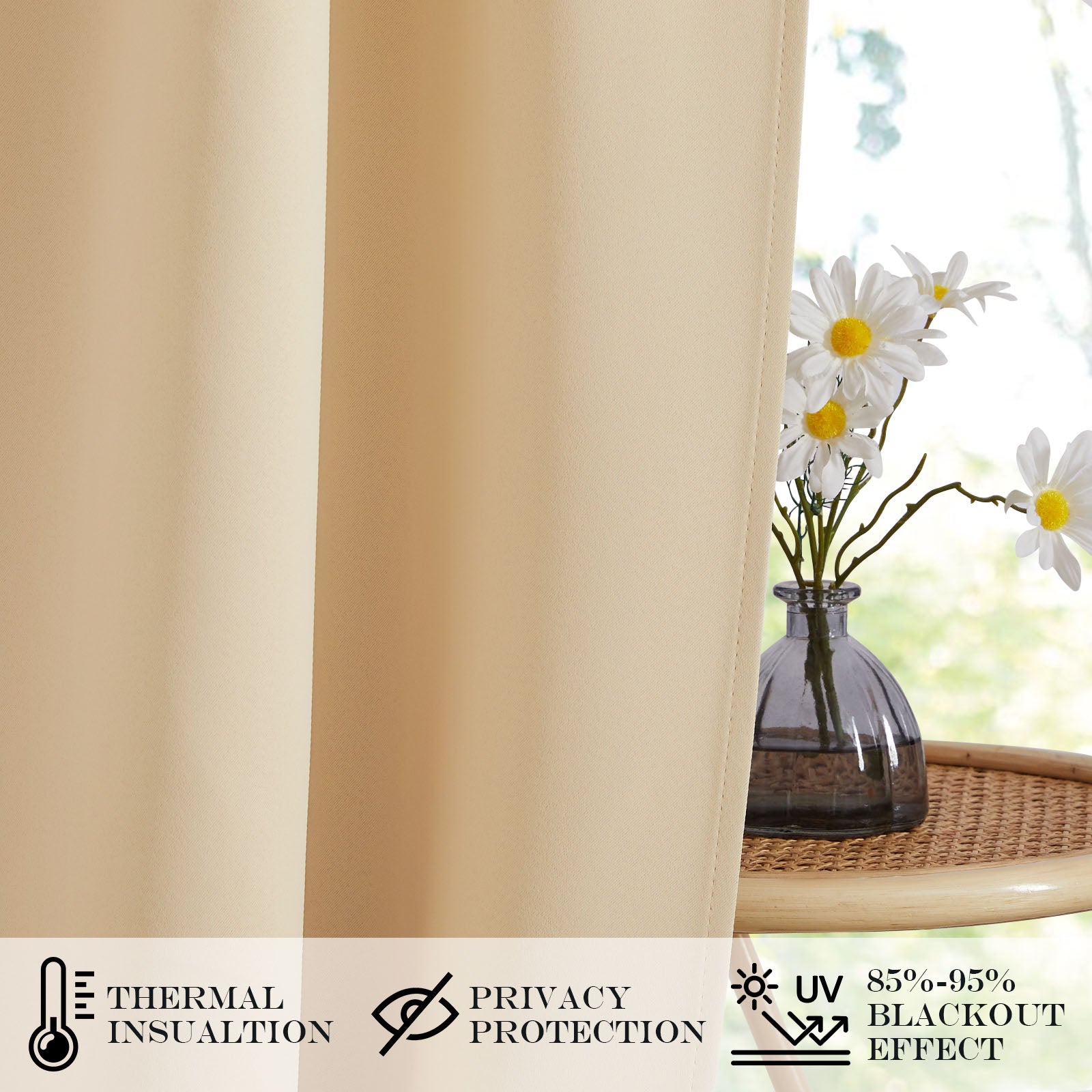 Light beige blackout door curtain fabric detail by a sunny window with flowers, highlighting thermal, privacy, and 85-95% UV blackout.