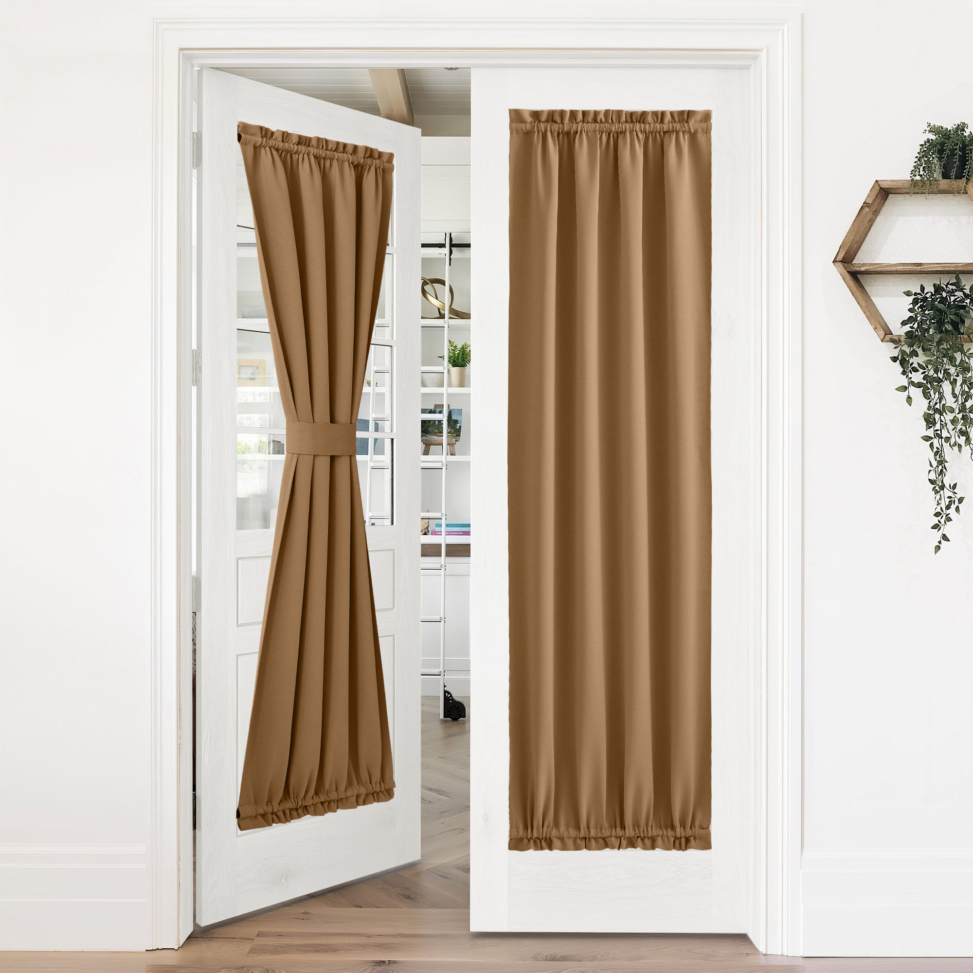 Brown 50% blackout privacy door curtains on white French doors; one tied back, the other fully extended for privacy.
