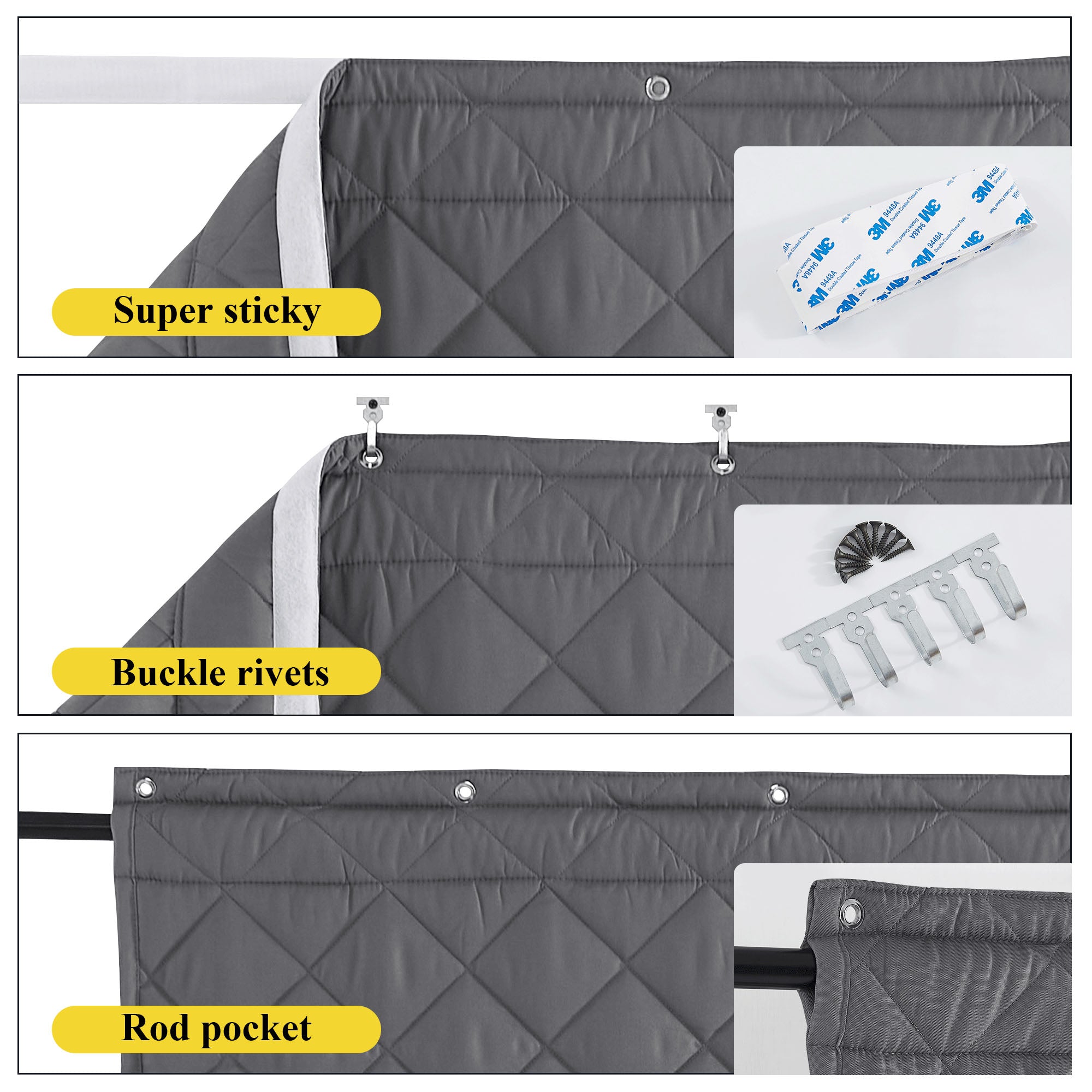 Three installation methods for an insulated blackout curtain: super sticky adhesive, buckle rivet hooks, and a classic rod pocket.