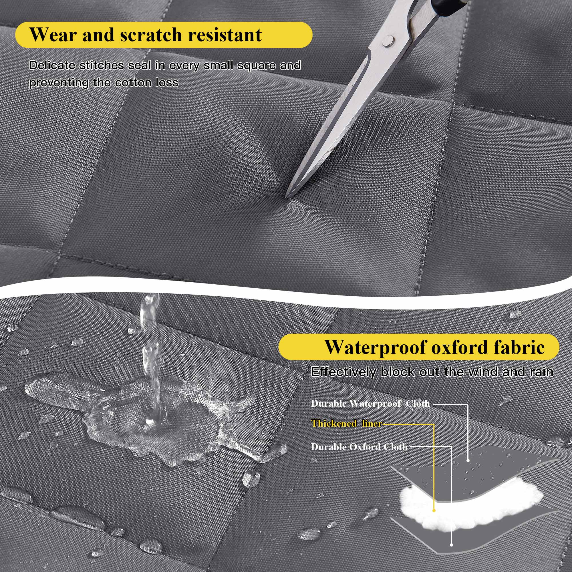 Details of insulated warm curtain: scratch-resistant quilted fabric, waterproof oxford cloth with water beading, and fabric layers.