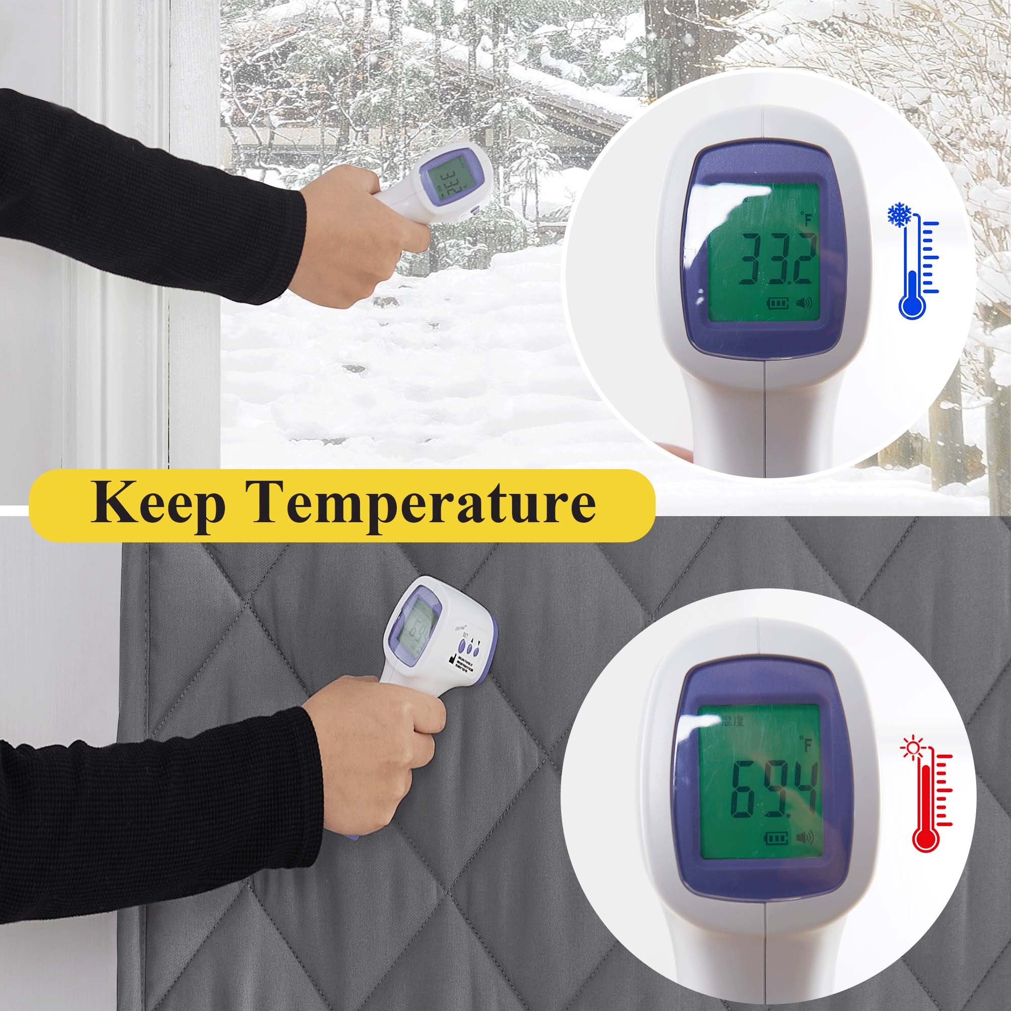 A thermometer shows a cold window at 33.2°F and the warm insulated curtain at 69.4°F, demonstrating its insulating power.