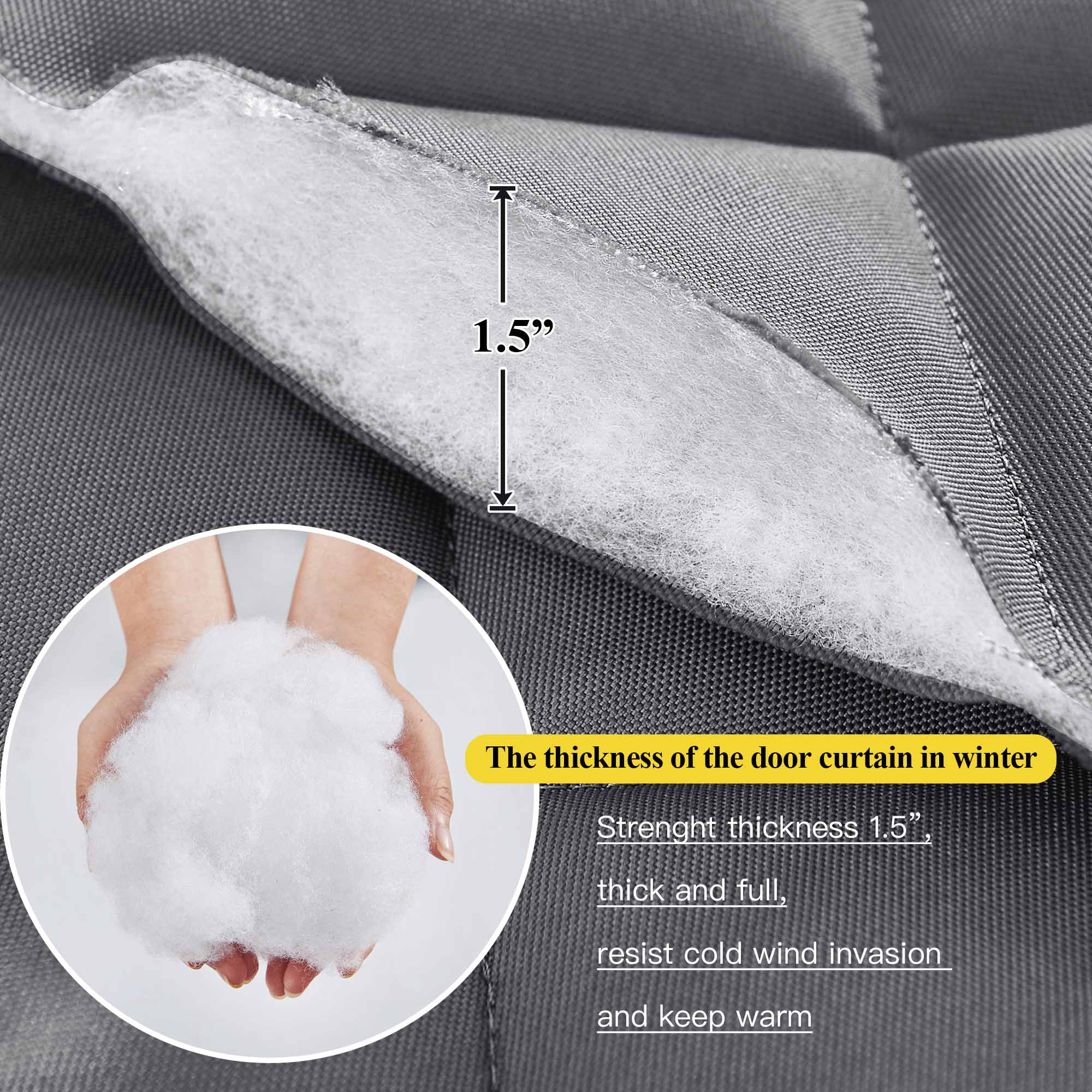 A cross-section of a grey insulated curtain reveals 1.5-inch thick, warm white padding to block cold wind.