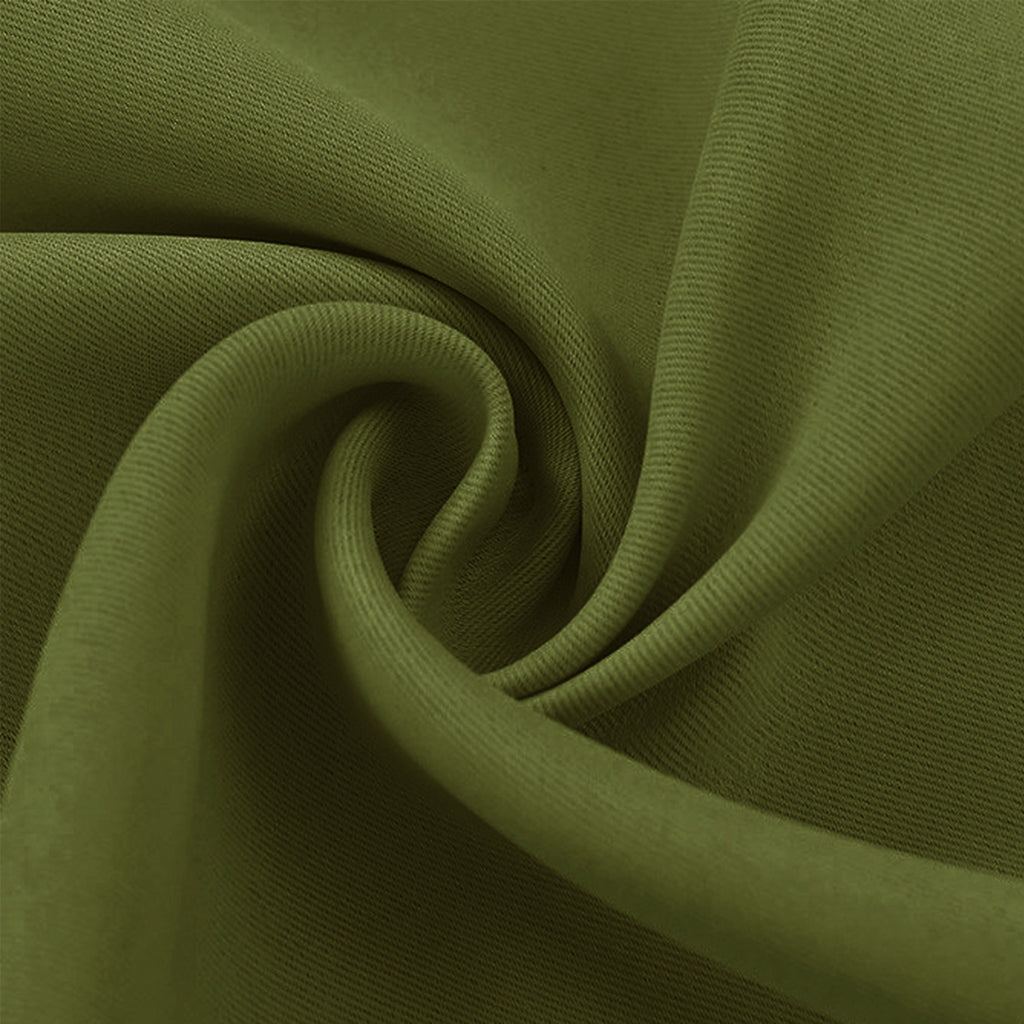 Close-up of olive green blackout fabric swatch, highlighting its fine texture and soft drape.