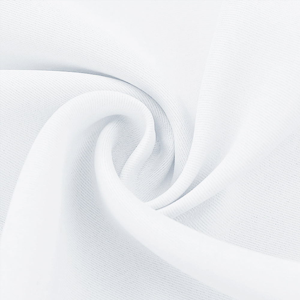 Close-up of a white blackout fabric swatch, showing its soft, textured material draped in gentle folds.