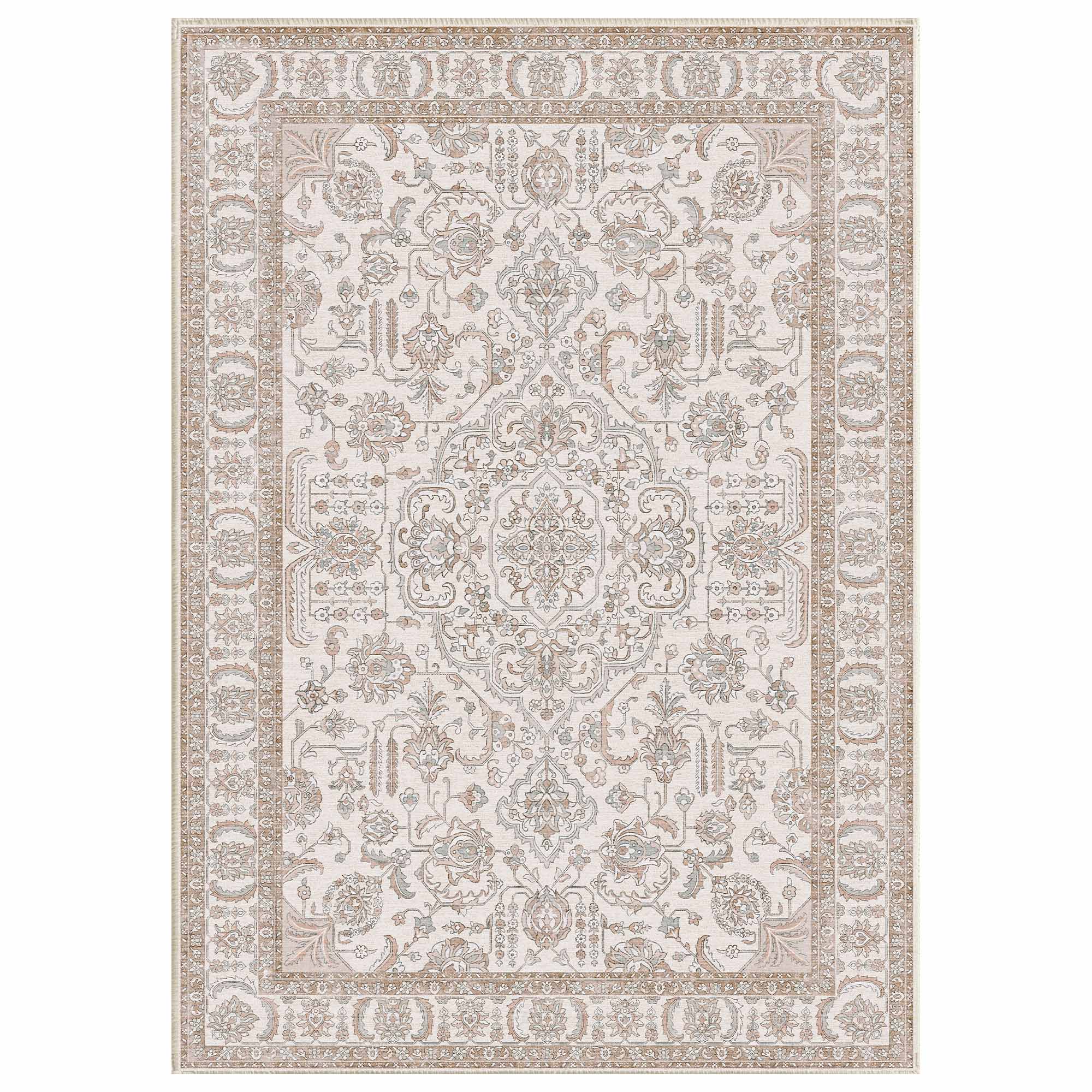 Neutral Chenille area rug with a detailed floral medallion pattern and decorative border. Easy-care machine washable Boho rug.