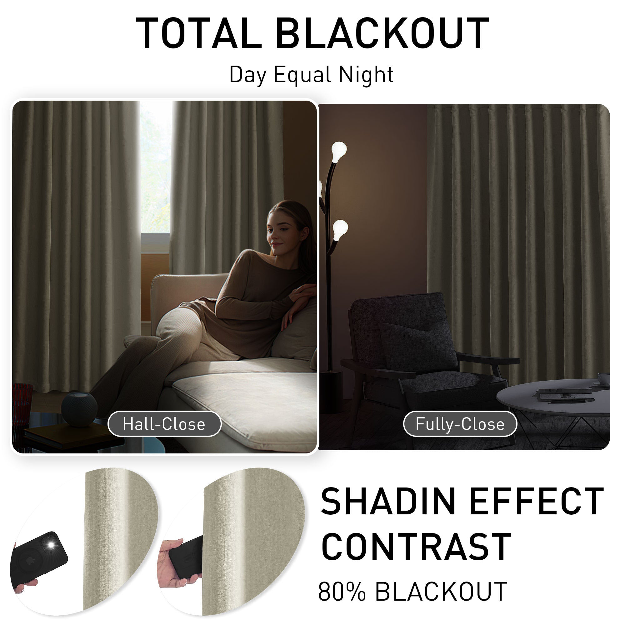 Chenille blackout curtains: partially closed with ambient light, then fully closed creating near darkness. Detail shows 80% light blocking.