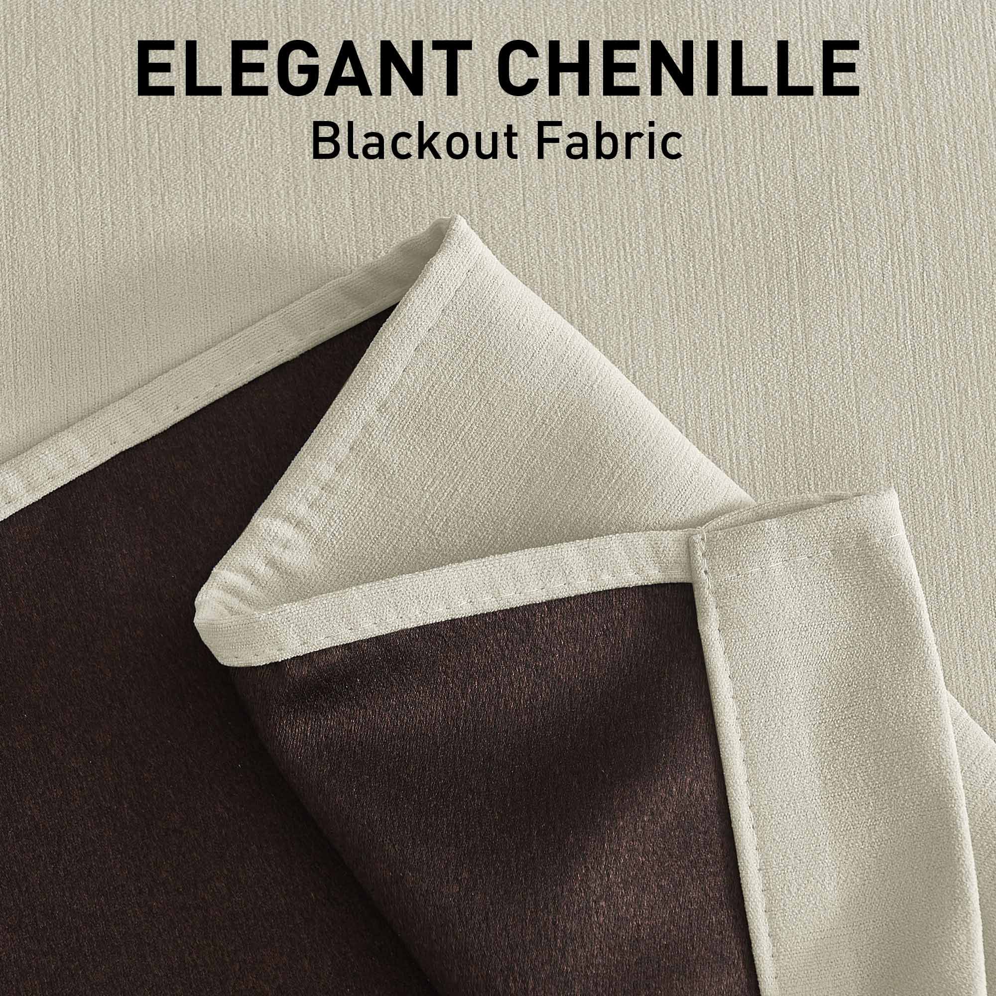 Close-up of elegant cream chenille blackout curtain fabric, showing soft texture and dark brown lining for light blocking.