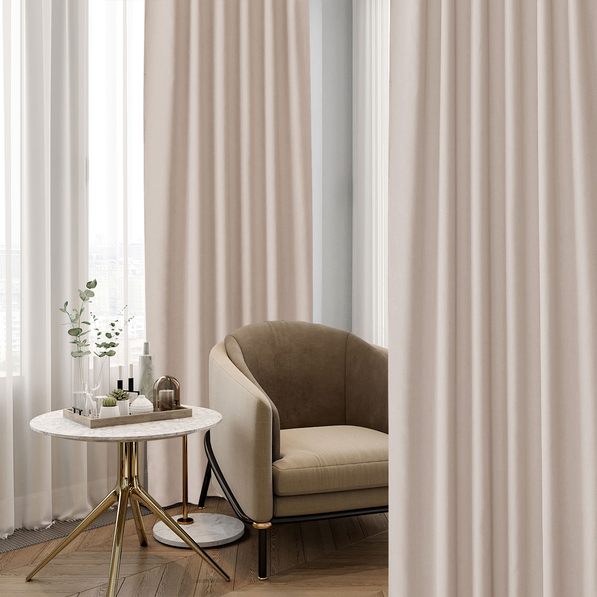 Beige chenille blackout curtain texture visible, with sheer drapes, a modern armchair, and a side table by the window.