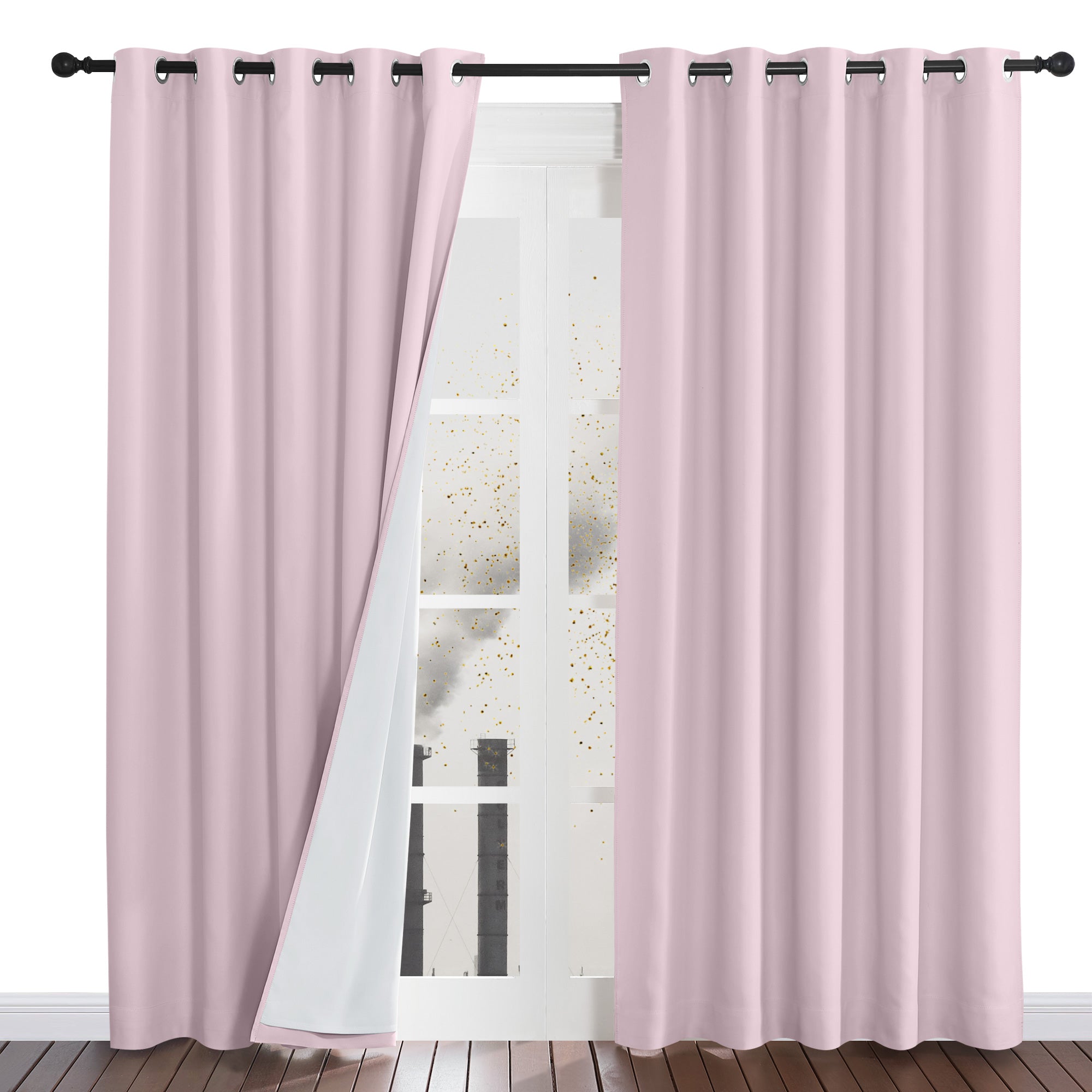 A light pink dustproof curtain panel is pulled back to reveal the thick, white, four-layer lining.