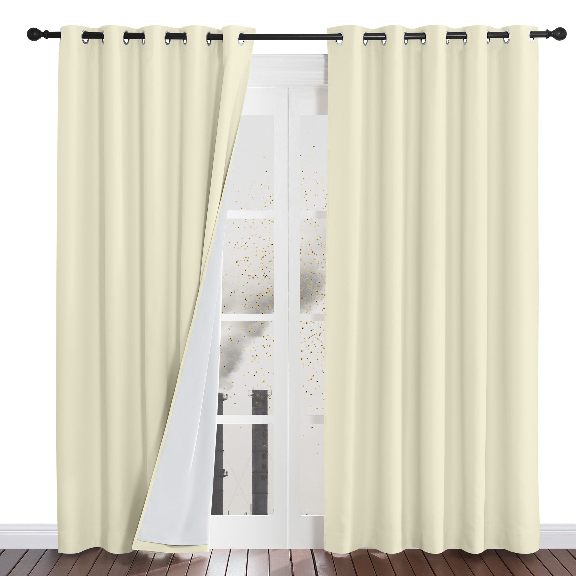 Cream dustproof curtains with one panel pulled back, showing the white lining that blocks outside dust and pollution.
