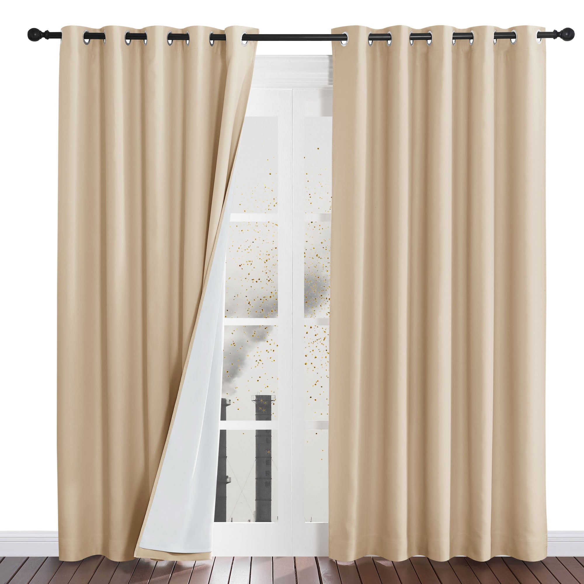 Beige four-layer dustproof curtains with one panel pulled back to reveal the white lining, blocking pollution from outside.