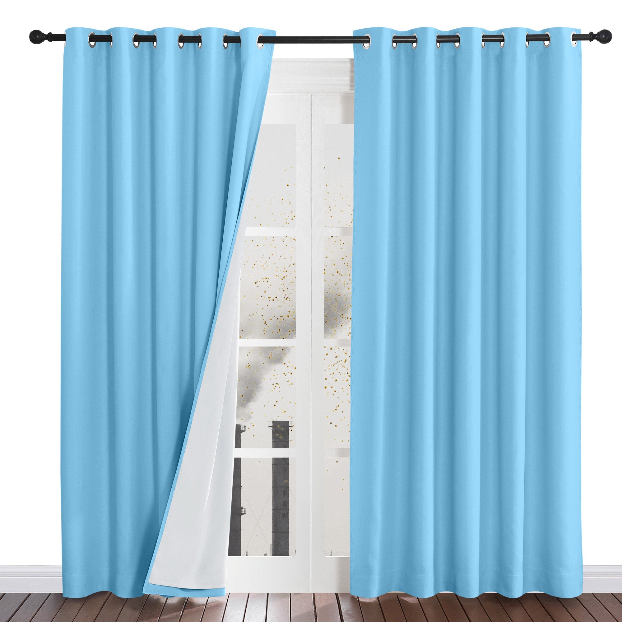 Light blue four-layer dustproof curtains with one panel pulled back to show the white lining blocking outside dust and particles.