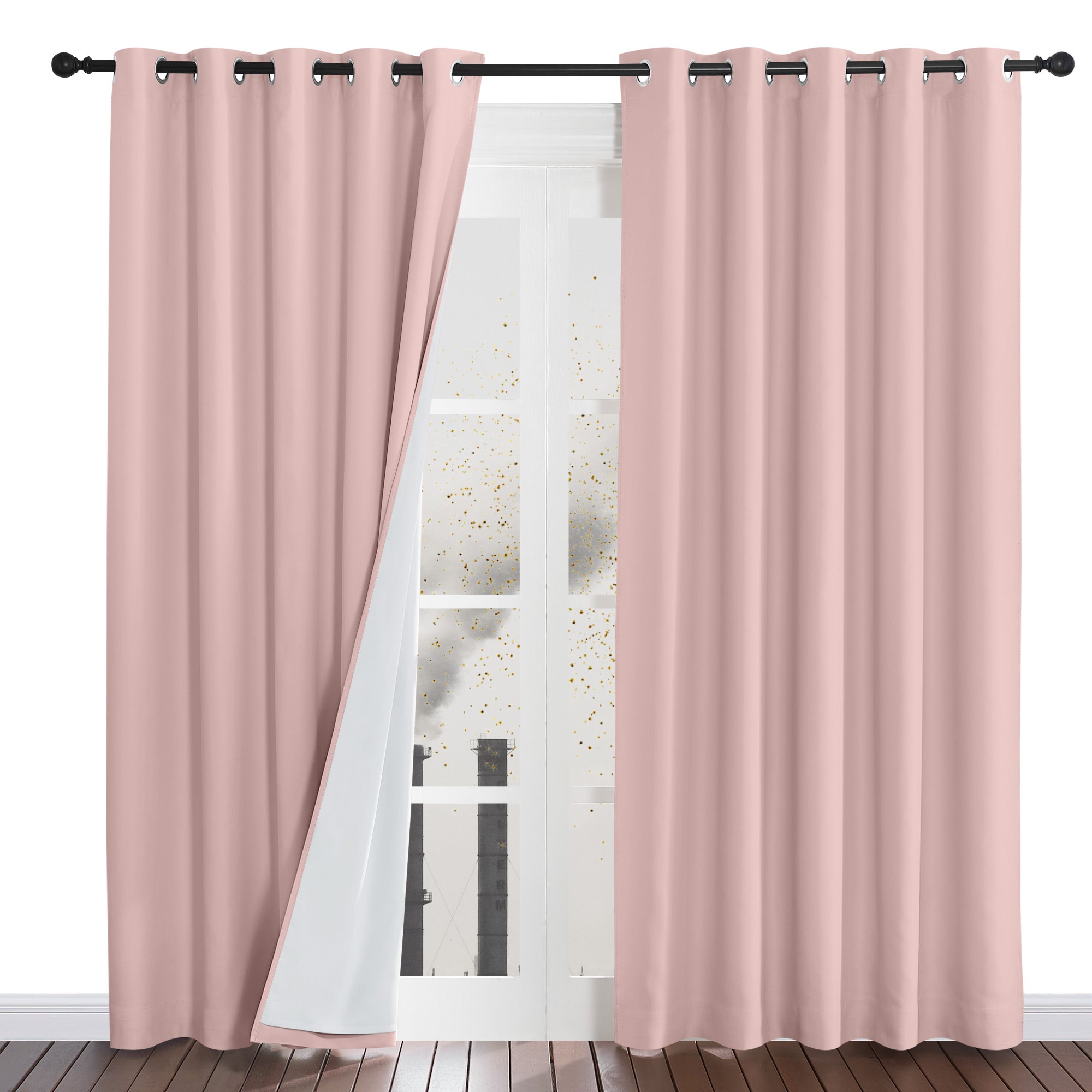 Pink four-layer dustproof curtains hung on a rod, with one panel pulled back to show the white protective inner lining.