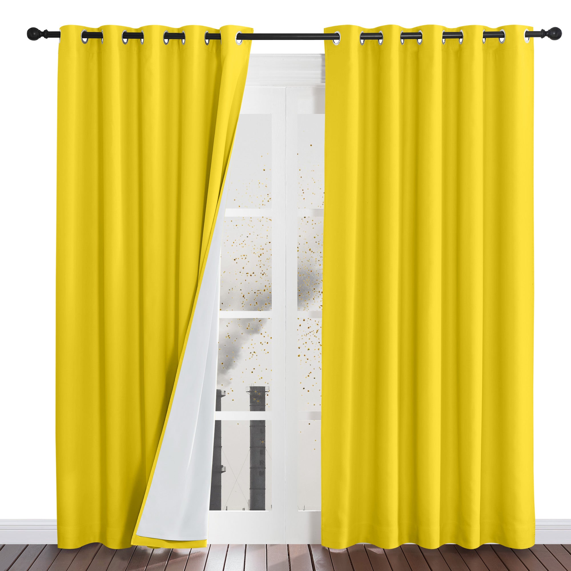 Yellow dustproof curtains with silver grommets. The left panel is open, revealing the four-layer construction and white liner.