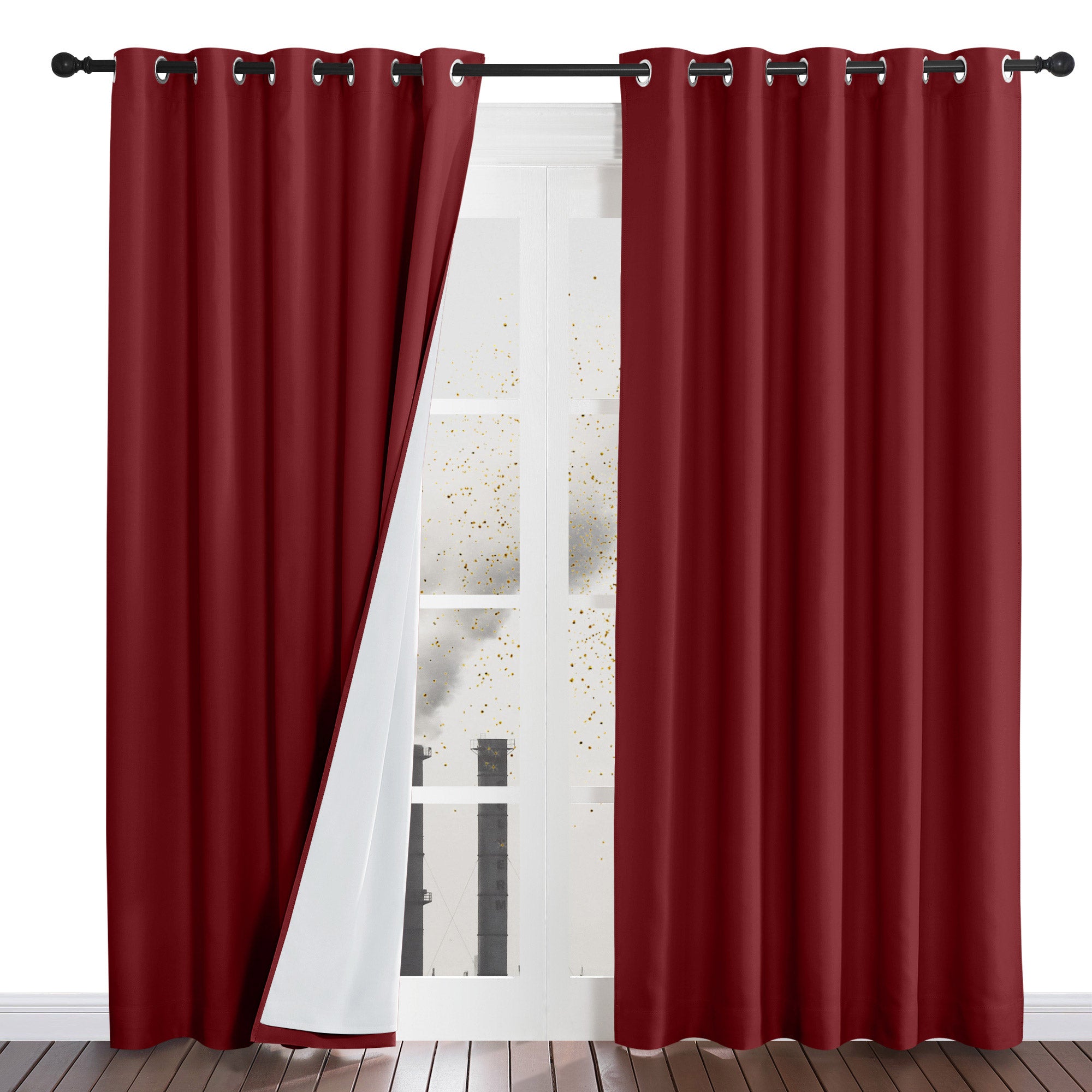Red four-layer dustproof curtains with grommet top, pulled back to show the white inner lining in front of a window.