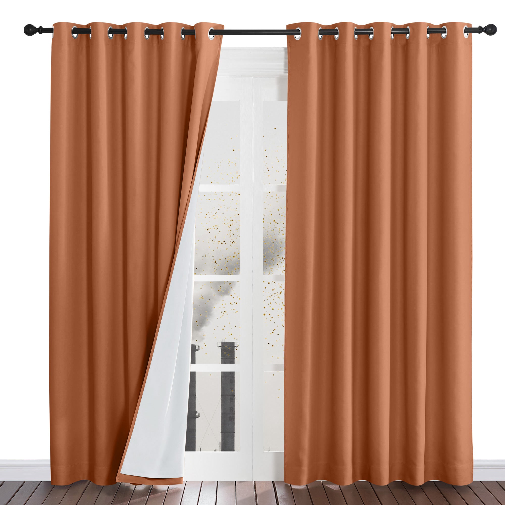 Burnt orange four-layer dustproof curtains with a panel pulled back, showing the thick white liner and grommet top.