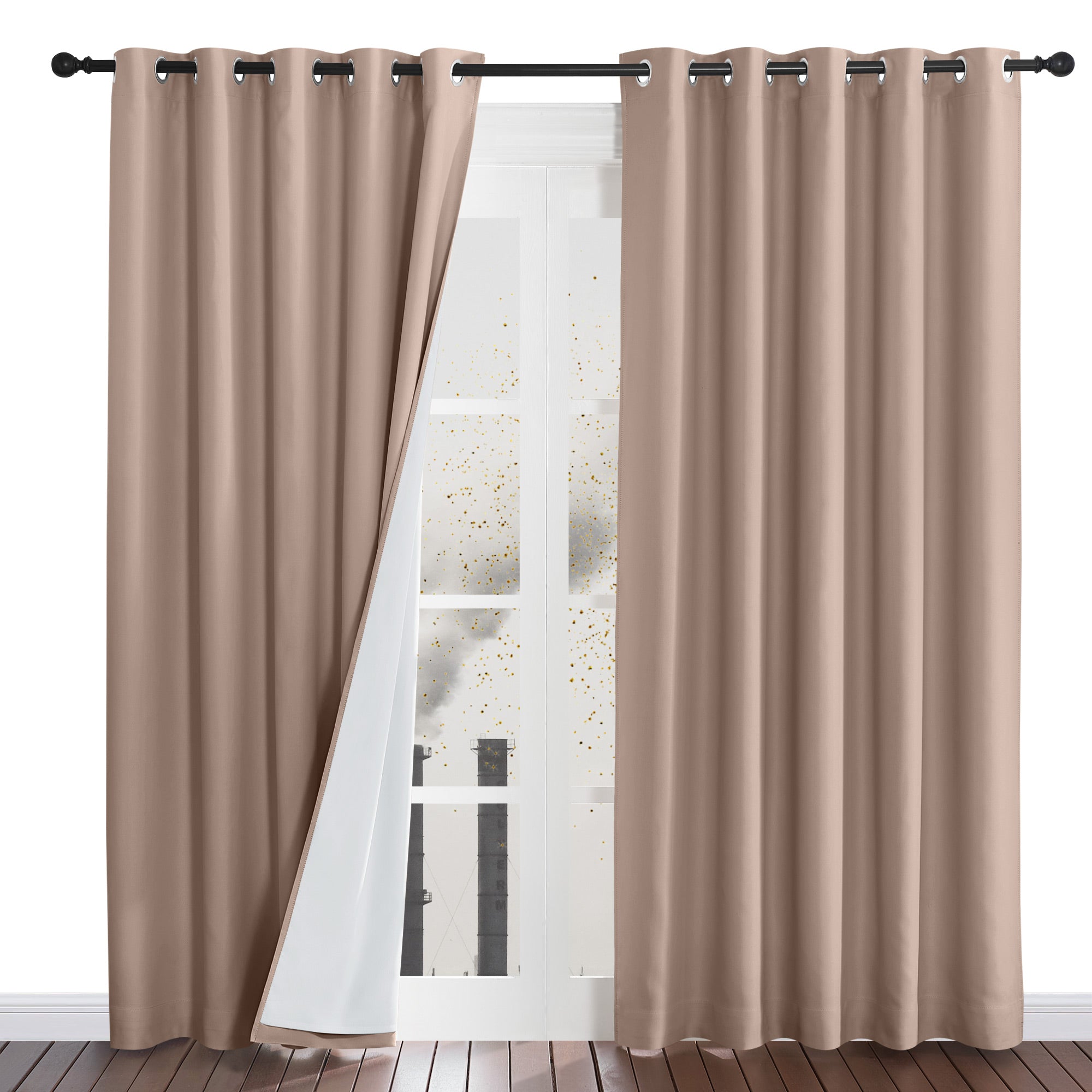 Beige four-layer dustproof curtains with a white inner lining shown blocking dust and pollutants from an industrial view.