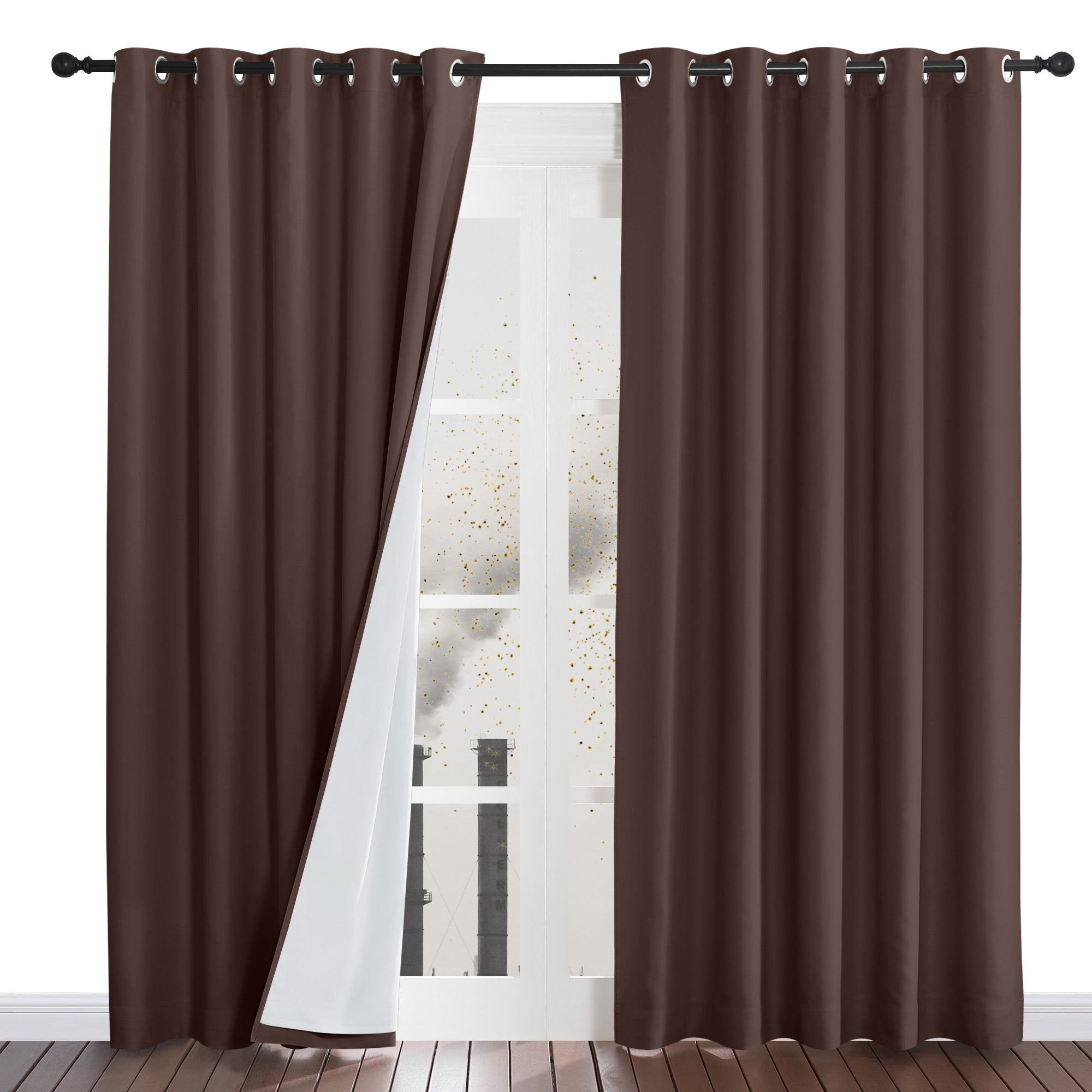 Brown four-layer dustproof curtains with a panel pulled aside to show the thick white liner and grommet top.