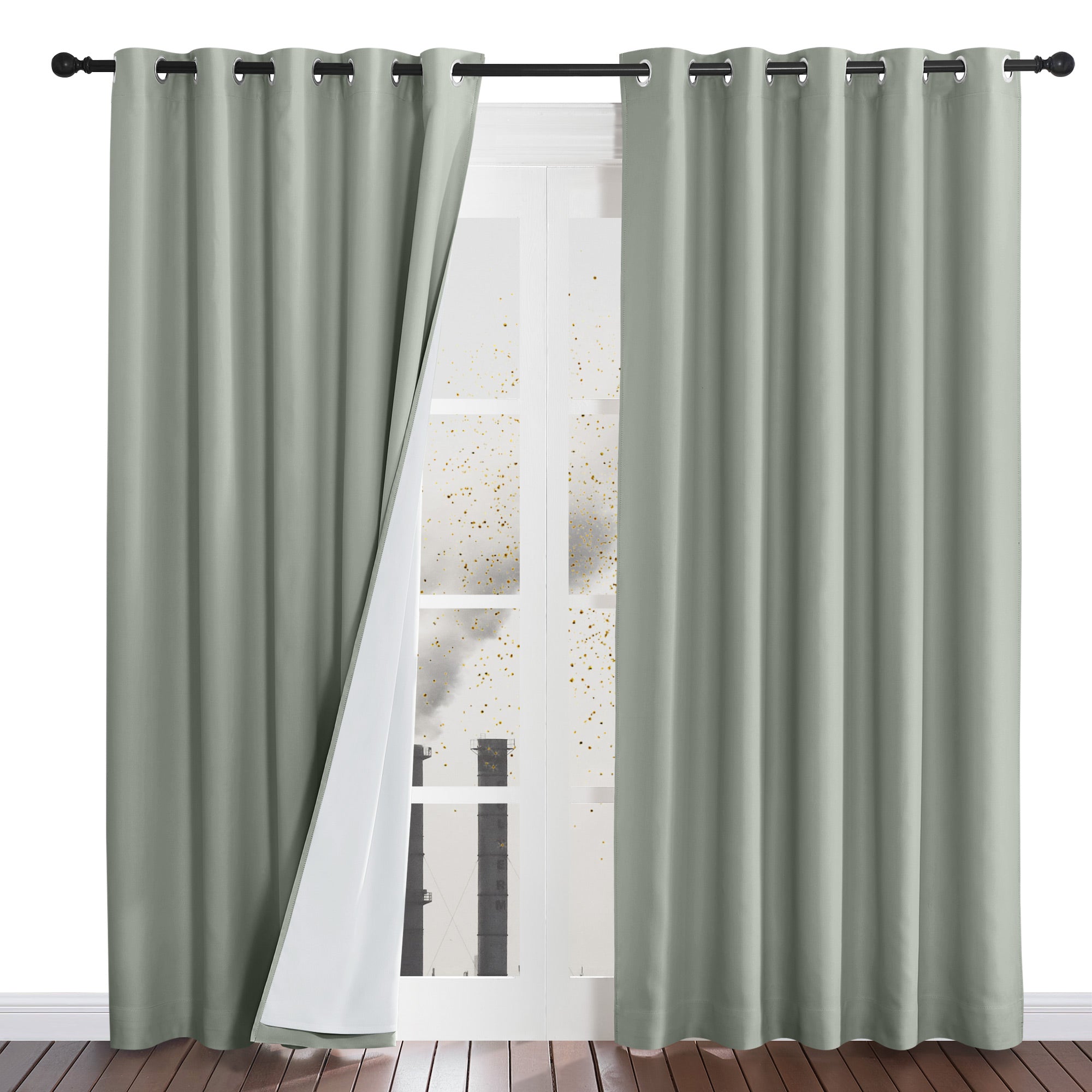 Light green four-layer dustproof curtains on a rod, with one panel pulled back revealing the white liner blocking pollutants.
