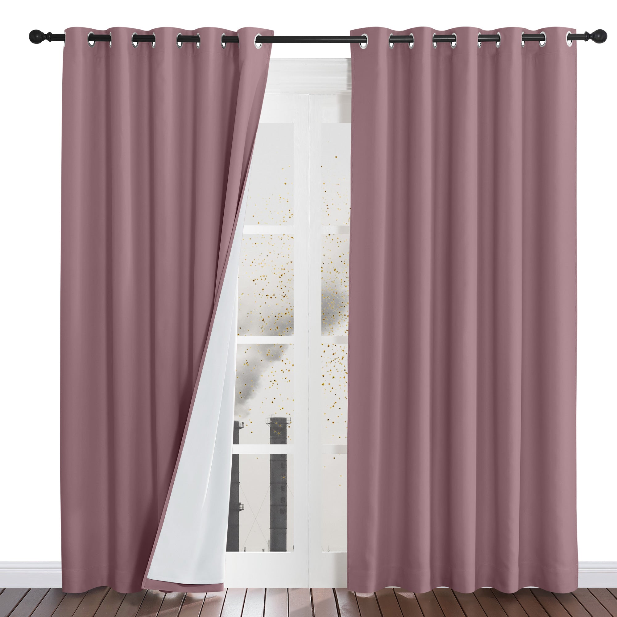 Four-layer dustproof curtains in dusty rose with a panel pulled back to reveal the white blackout and thermal lining.