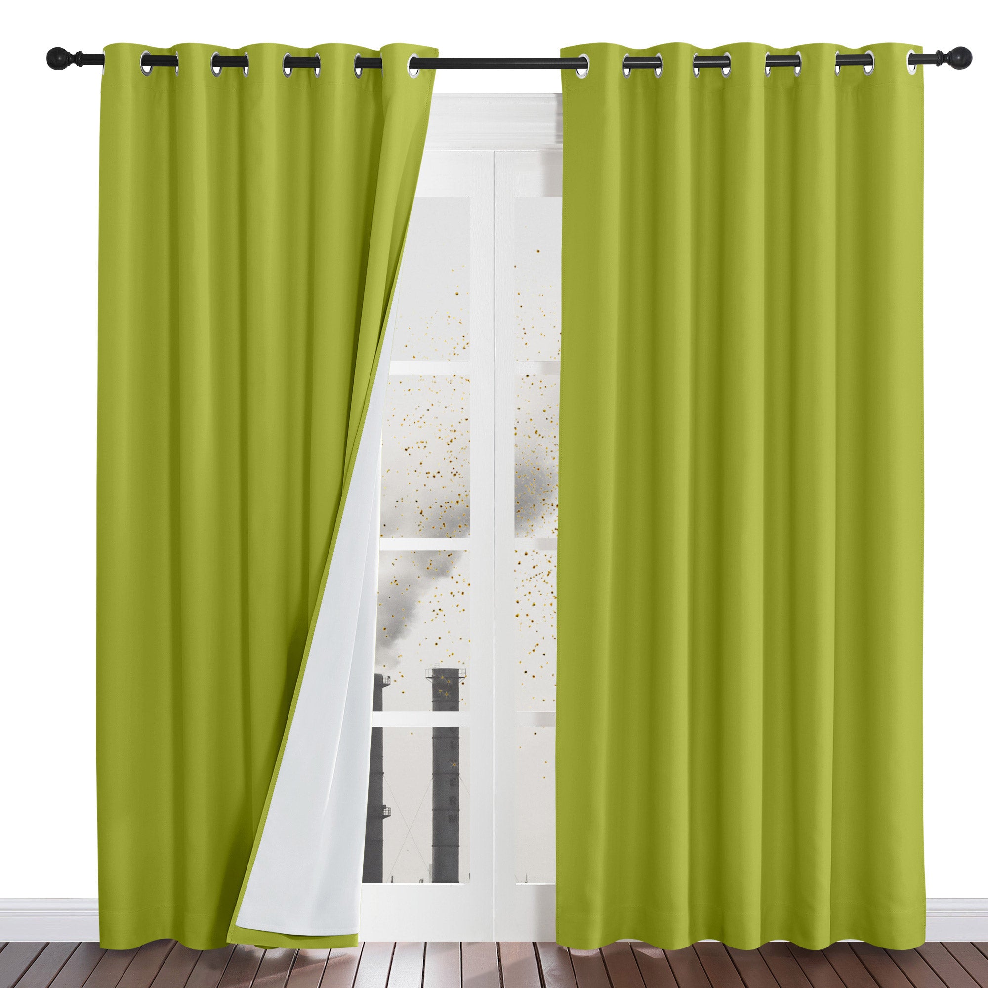 Lime green four-layer dustproof curtains with grommets. A pulled-back panel reveals the white liner blocking outdoor pollutants.