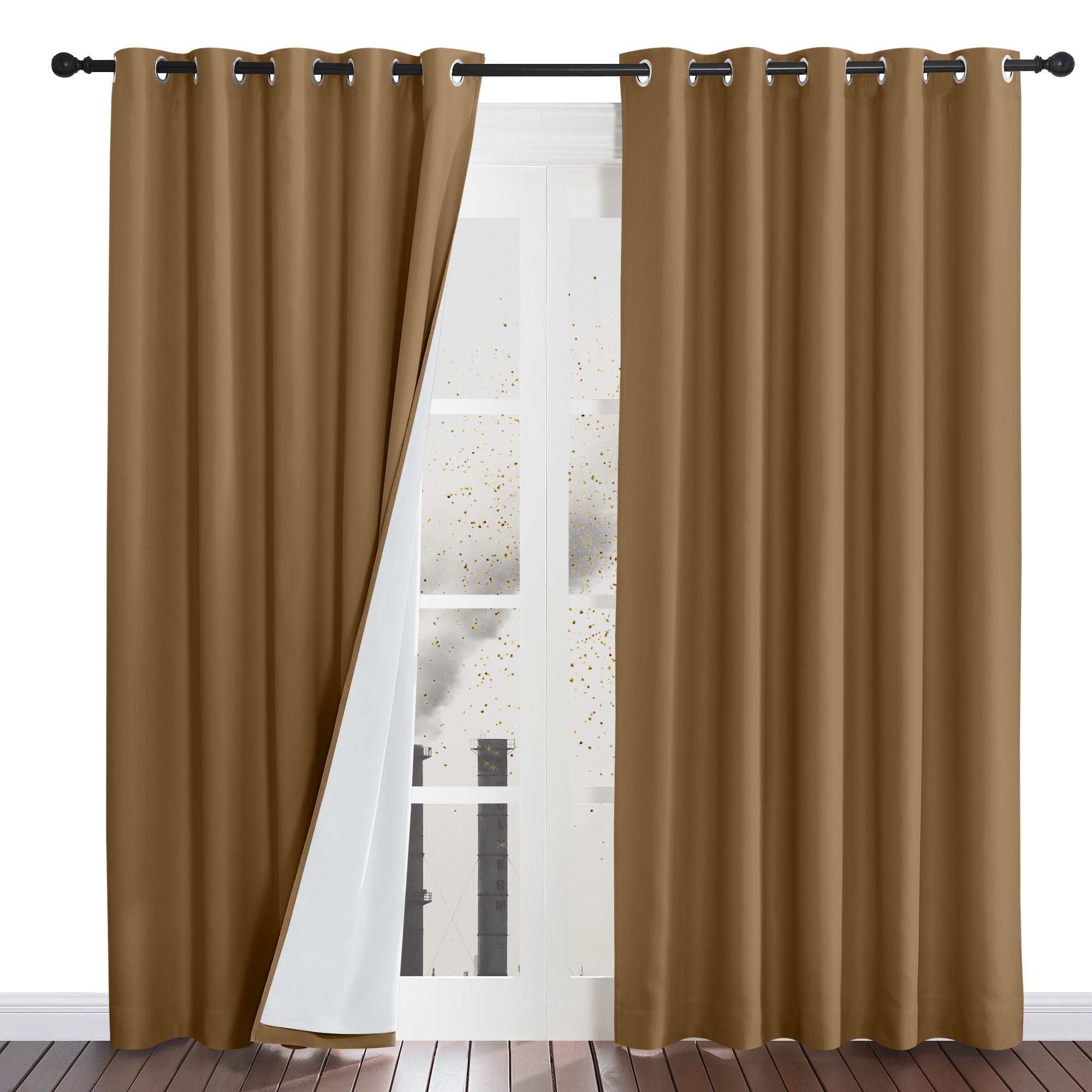 Brown four-layer dustproof curtain panel pulled back to reveal the white inner lining and block outside pollutants.